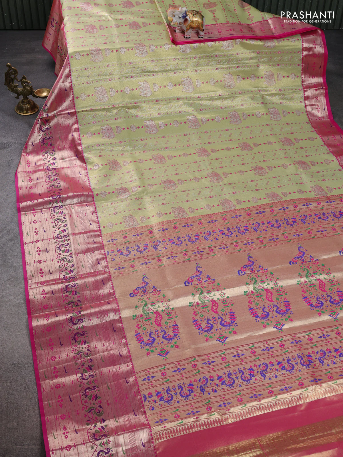 Tissue paithani silk saree pista green and pink with allover zari woven brocade weaves and long zari woven paithani style border - Image 2