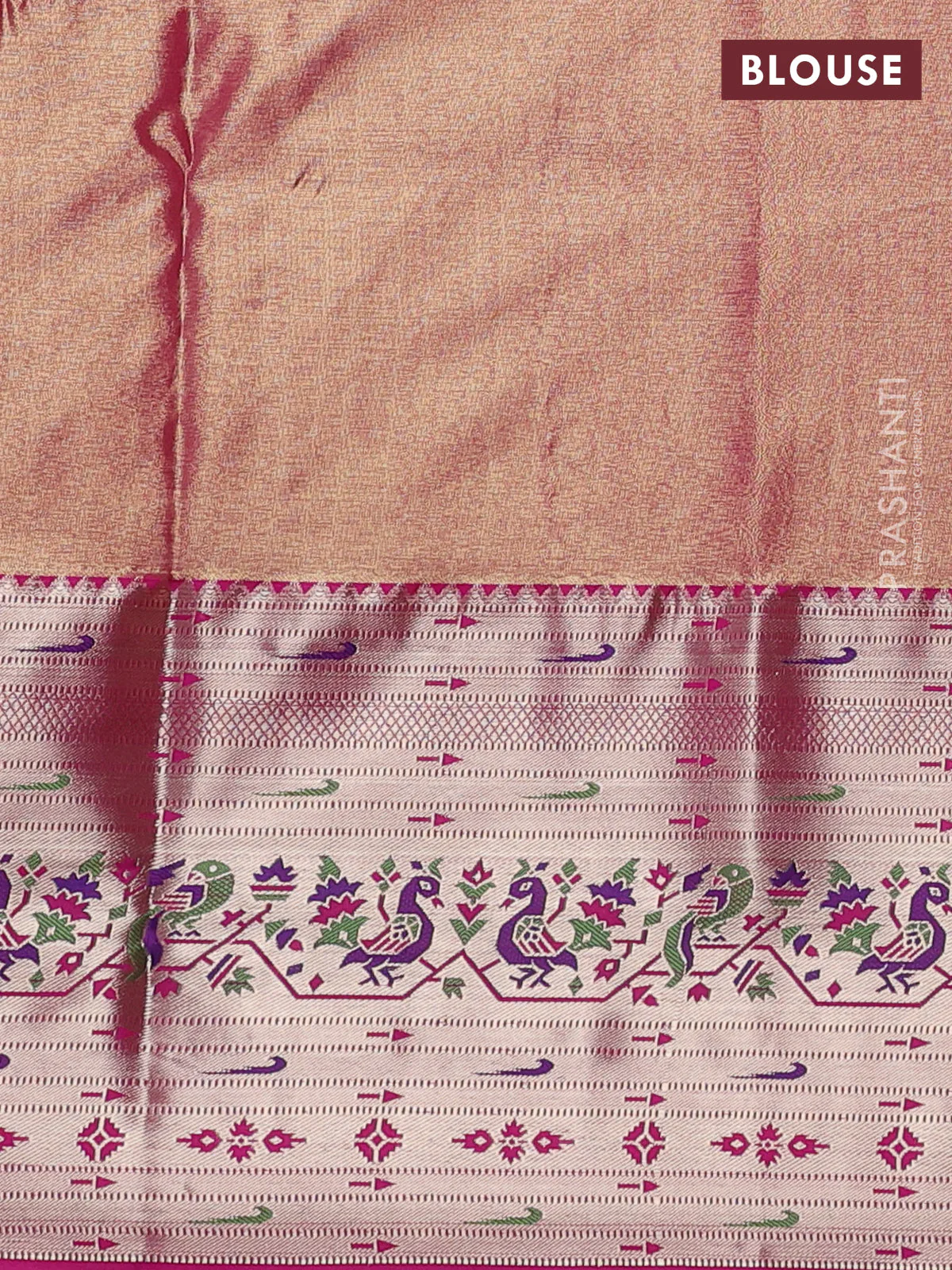 Tissue paithani silk saree pista green and pink with allover zari woven brocade weaves and long zari woven paithani style border - Image 3