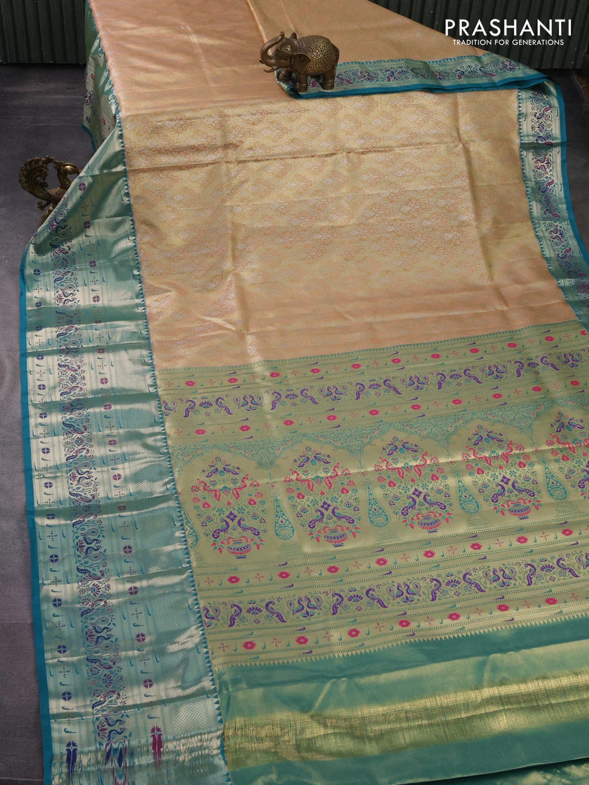 Tissue paithani silk saree sandal and teal green with allover zari woven brocade weaves and long zari woven paithani style border - Image 2
