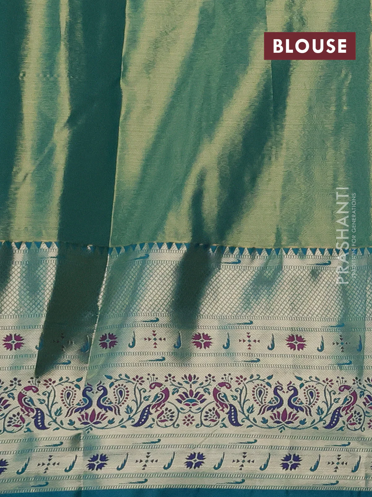Tissue paithani silk saree sandal and teal green with allover zari woven brocade weaves and long zari woven paithani style border - Image 3