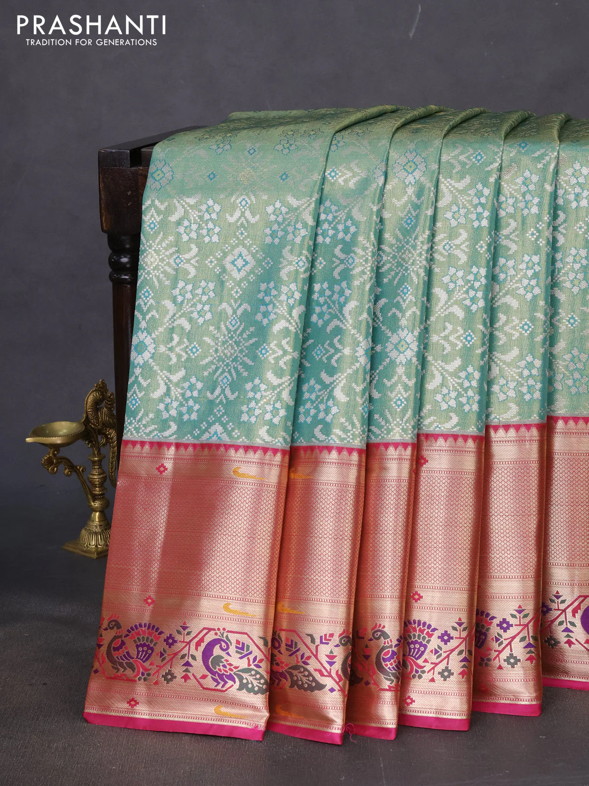 Tissue paithani silk saree teal green and magenta pink with allover silver zari woven brocade weaves and long zari woven paithani style border
