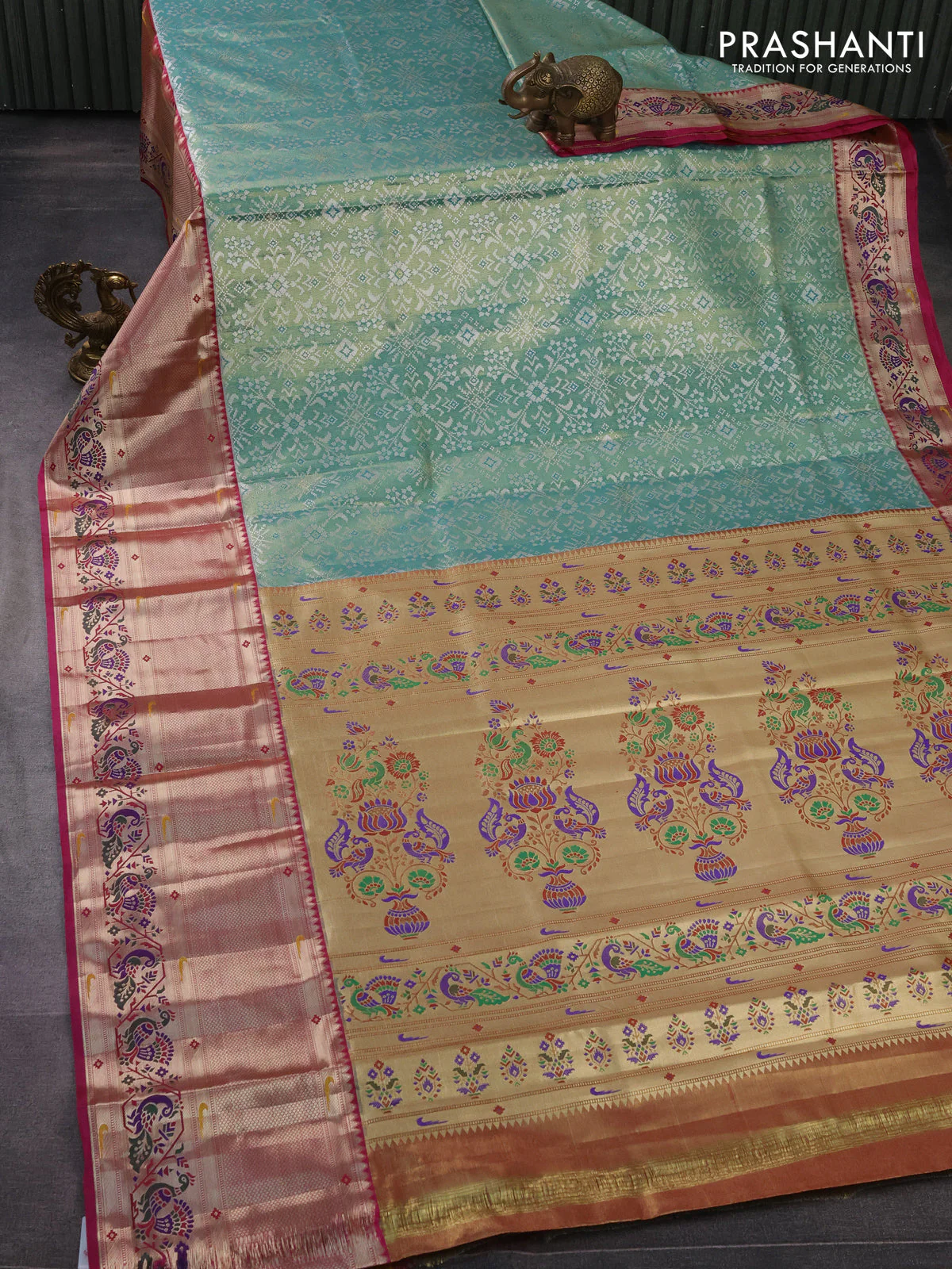 Tissue paithani silk saree teal green and magenta pink with allover silver zari woven brocade weaves and long zari woven paithani style border - Image 2