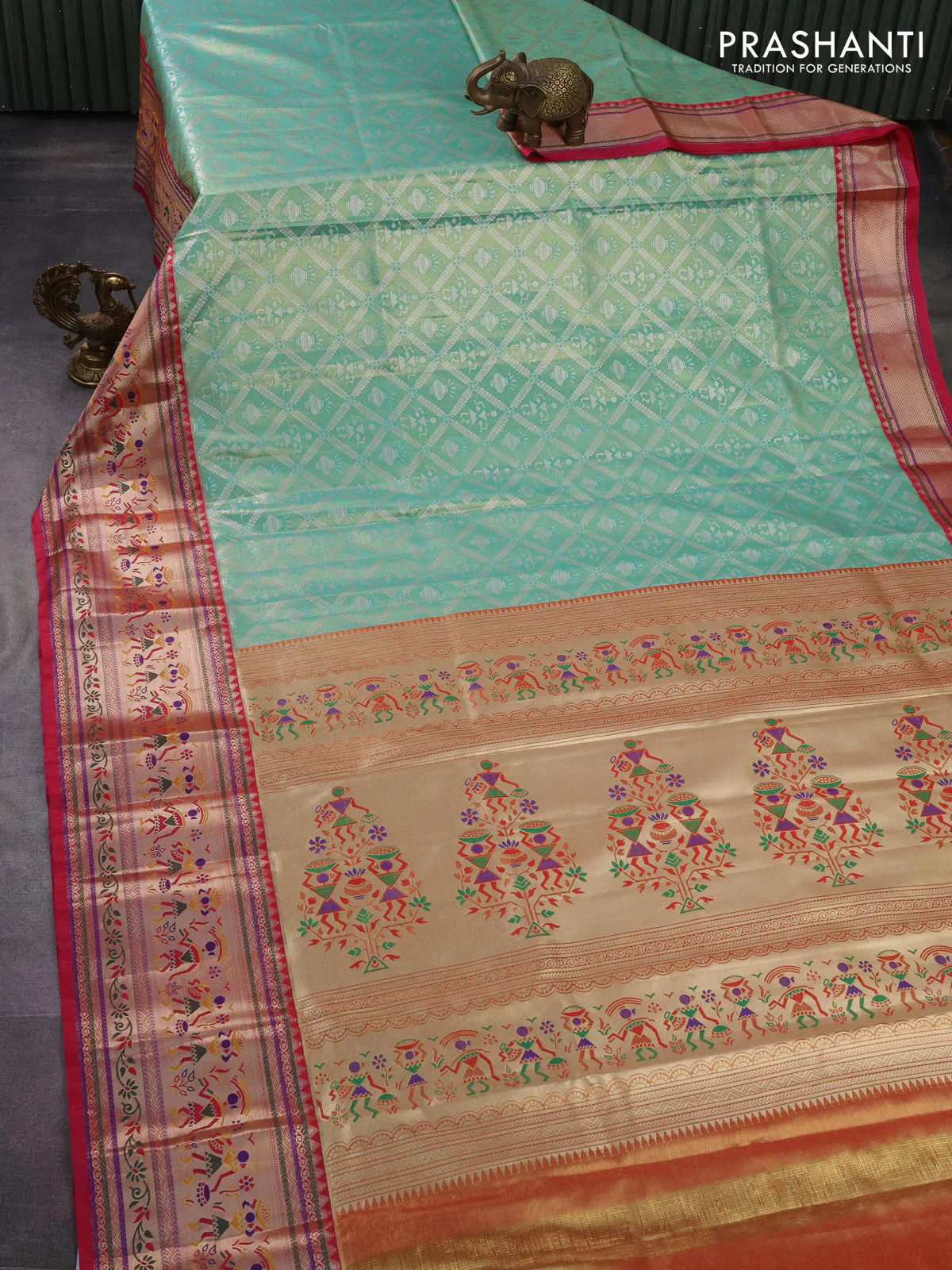 Tissue paithani silk saree teal green and pink with allover silver zari woven brocade weaves and long zari woven paithani style border - Image 2