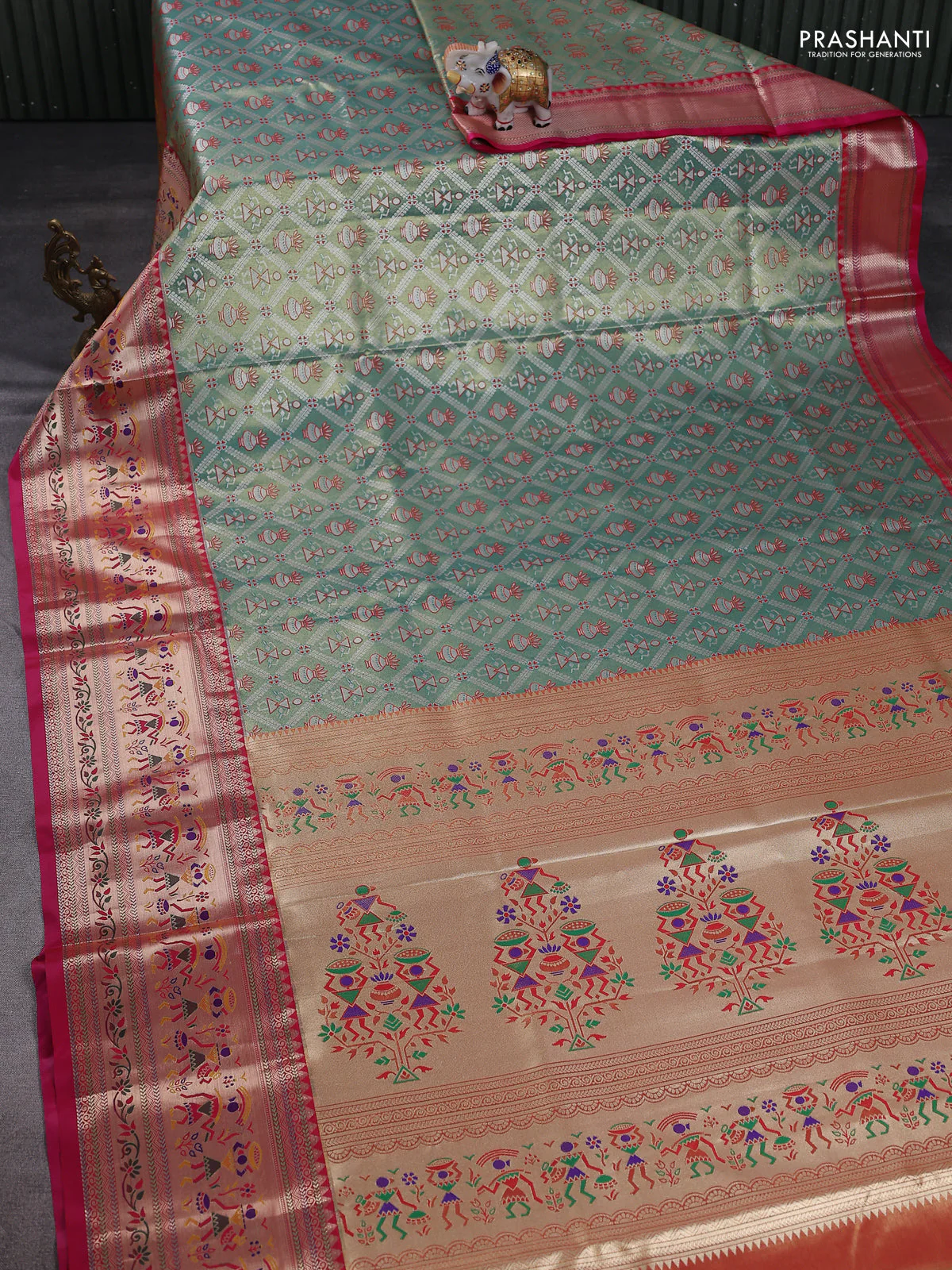 Tissue paithani silk saree teal green and pink with allover zari woven brocade weaves and long zari woven paithani style border - Image 2