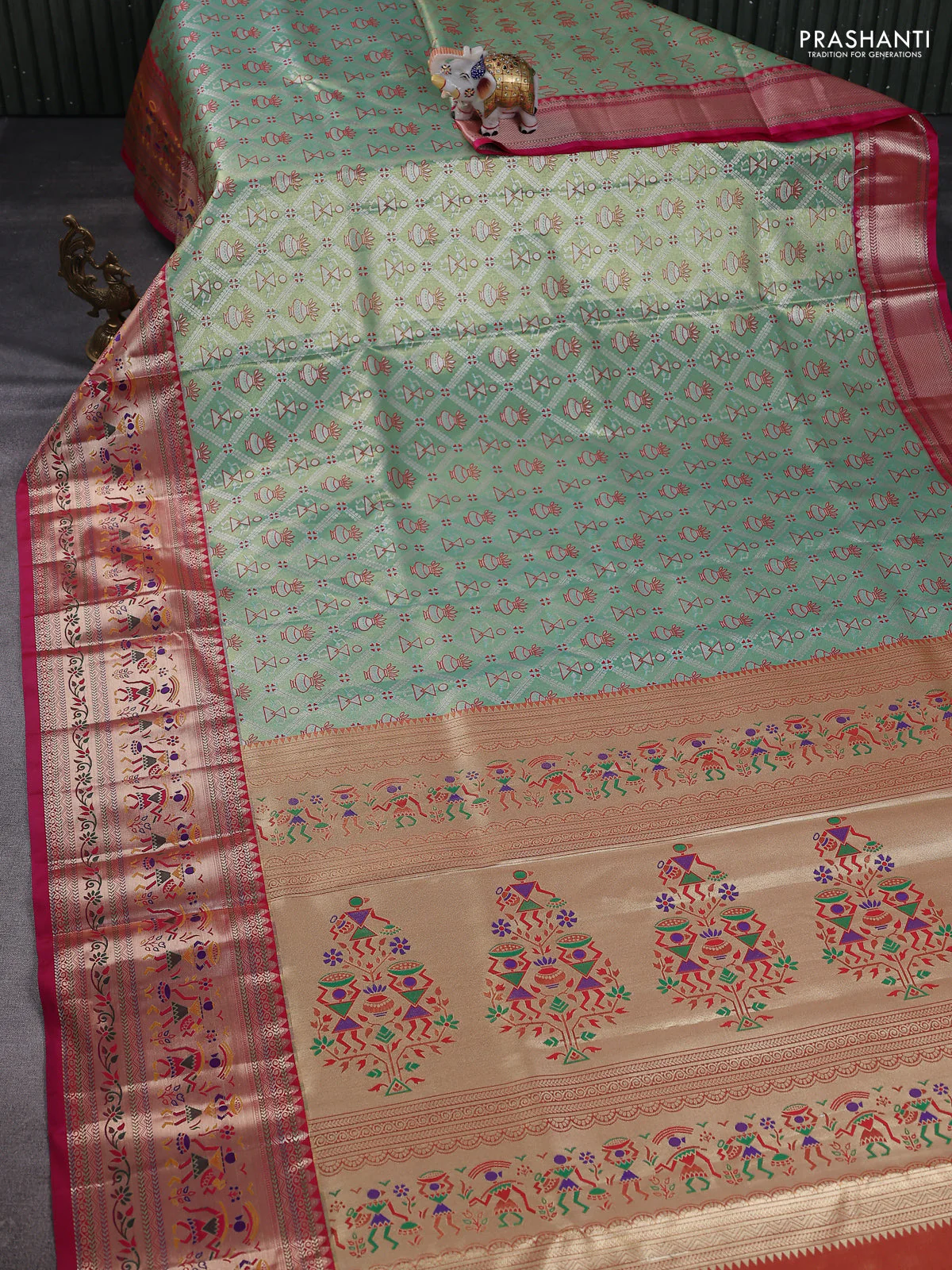 Tissue paithani silk saree teal green and pink with allover zari woven brocade weaves and long zari woven paithani style border - Image 2
