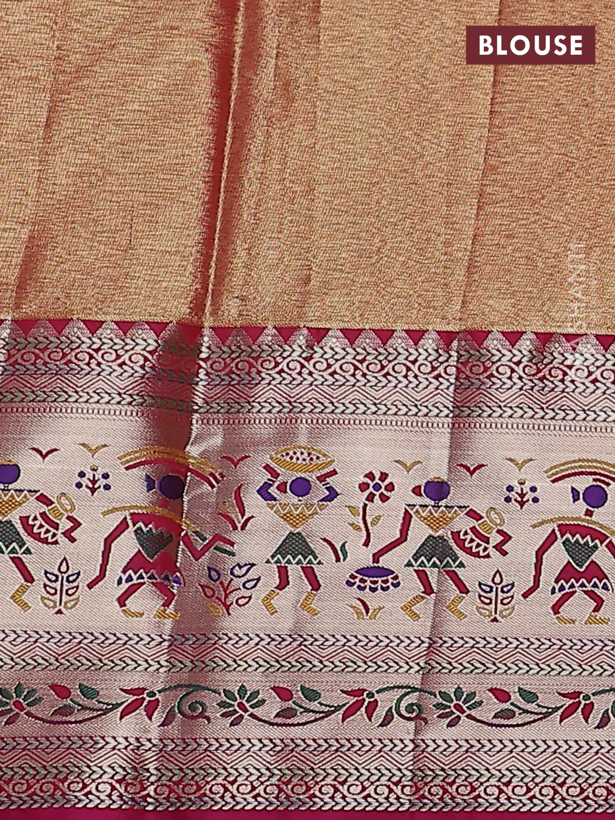 Tissue paithani silk saree teal green and pink with allover zari woven brocade weaves and long zari woven paithani style border - Image 3