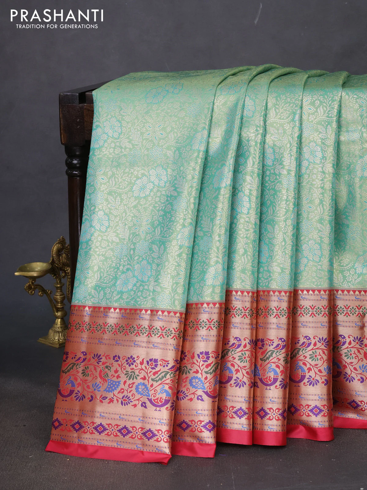 Tissue paithani silk saree teal green and reddish pink with allover silver zari woven brocade weaves and zari woven paithani style border