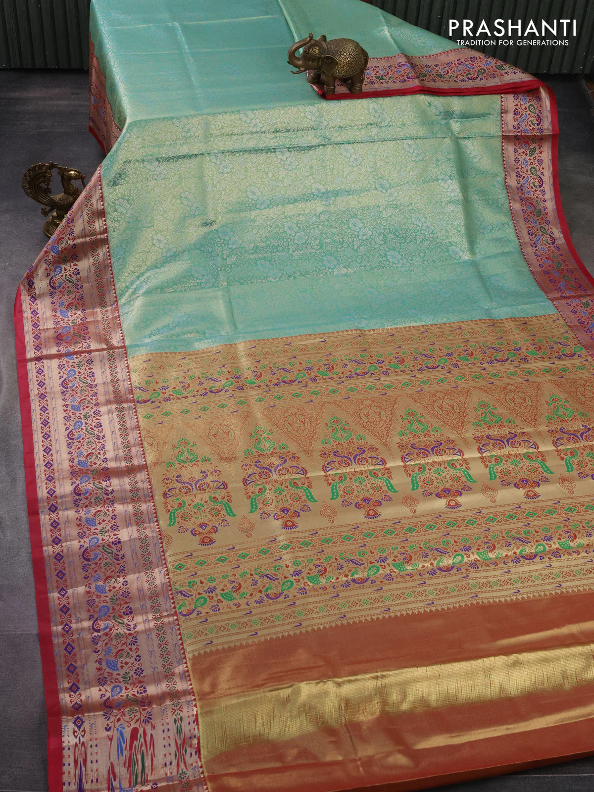 Tissue paithani silk saree teal green and reddish pink with allover silver zari woven brocade weaves and zari woven paithani style border - Image 2