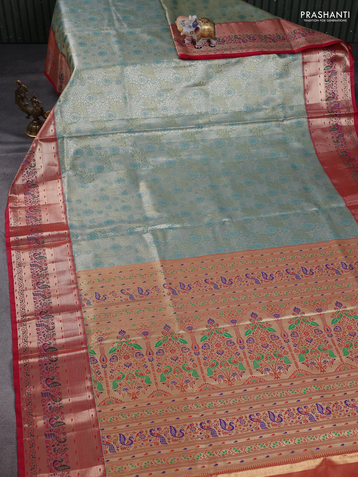 Tissue paithani silk saree teal green shade and red with allover zari woven brocade weaves and zari woven paithani style border - Image 2