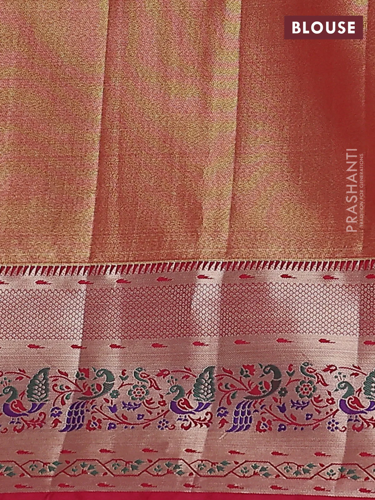 Tissue paithani silk saree teal green shade and red with allover zari woven brocade weaves and zari woven paithani style border - Image 3