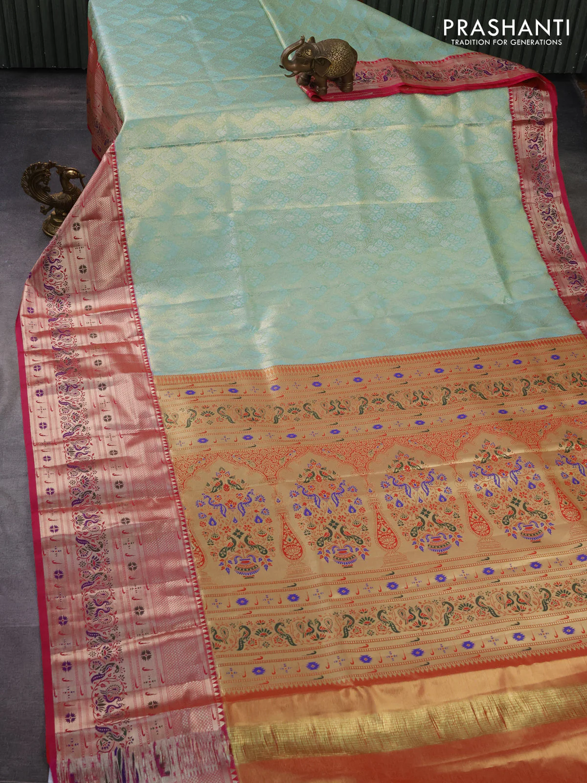 Tissue paithani silk saree teal shade and pink with allover silver zari woven brocade weaves and zari woven paithani style border - Image 2