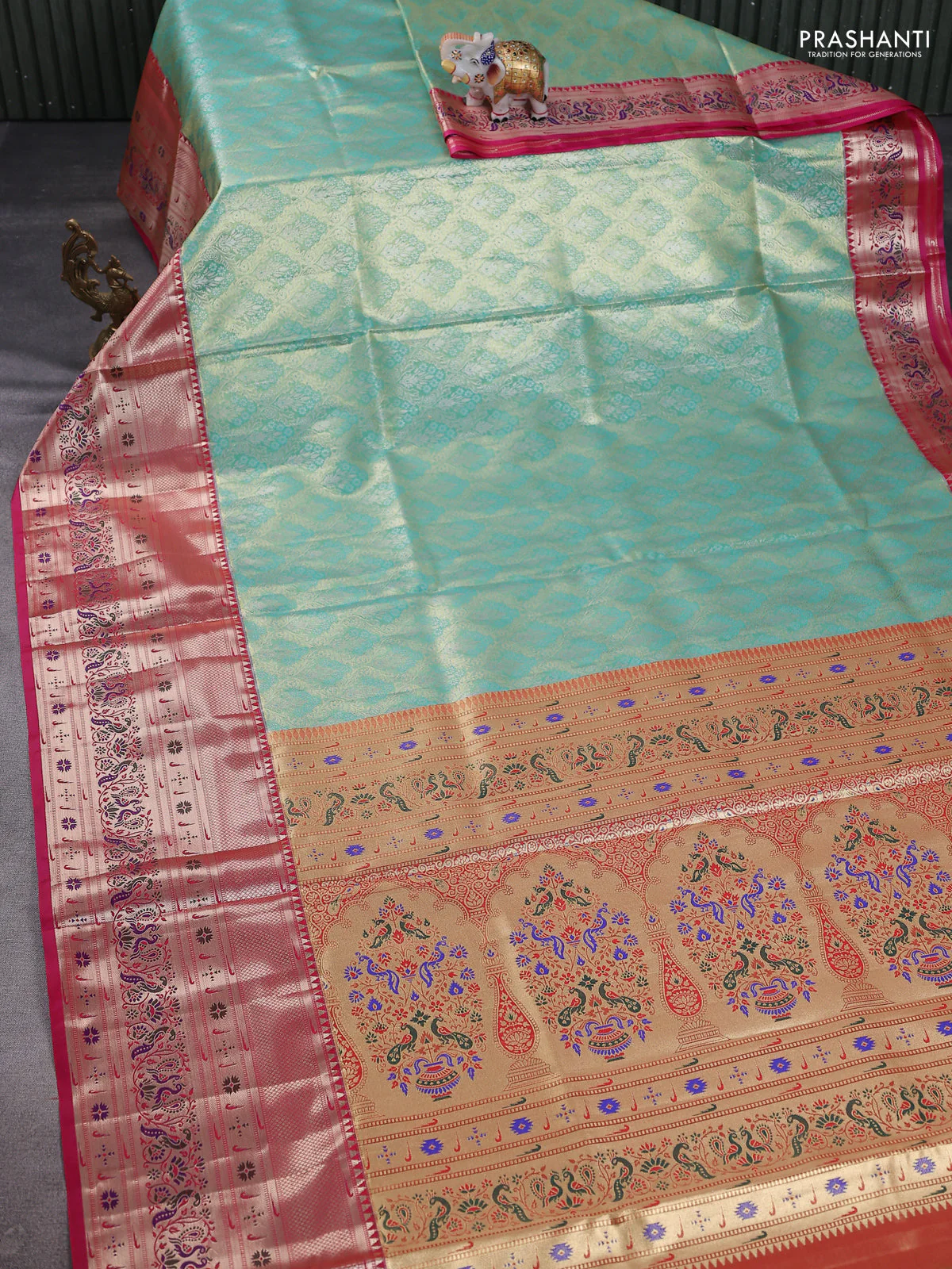 Tissue paithani silk saree teal shade and pink with allover zari woven brocade weaves and long zari woven paithani style border - Image 2