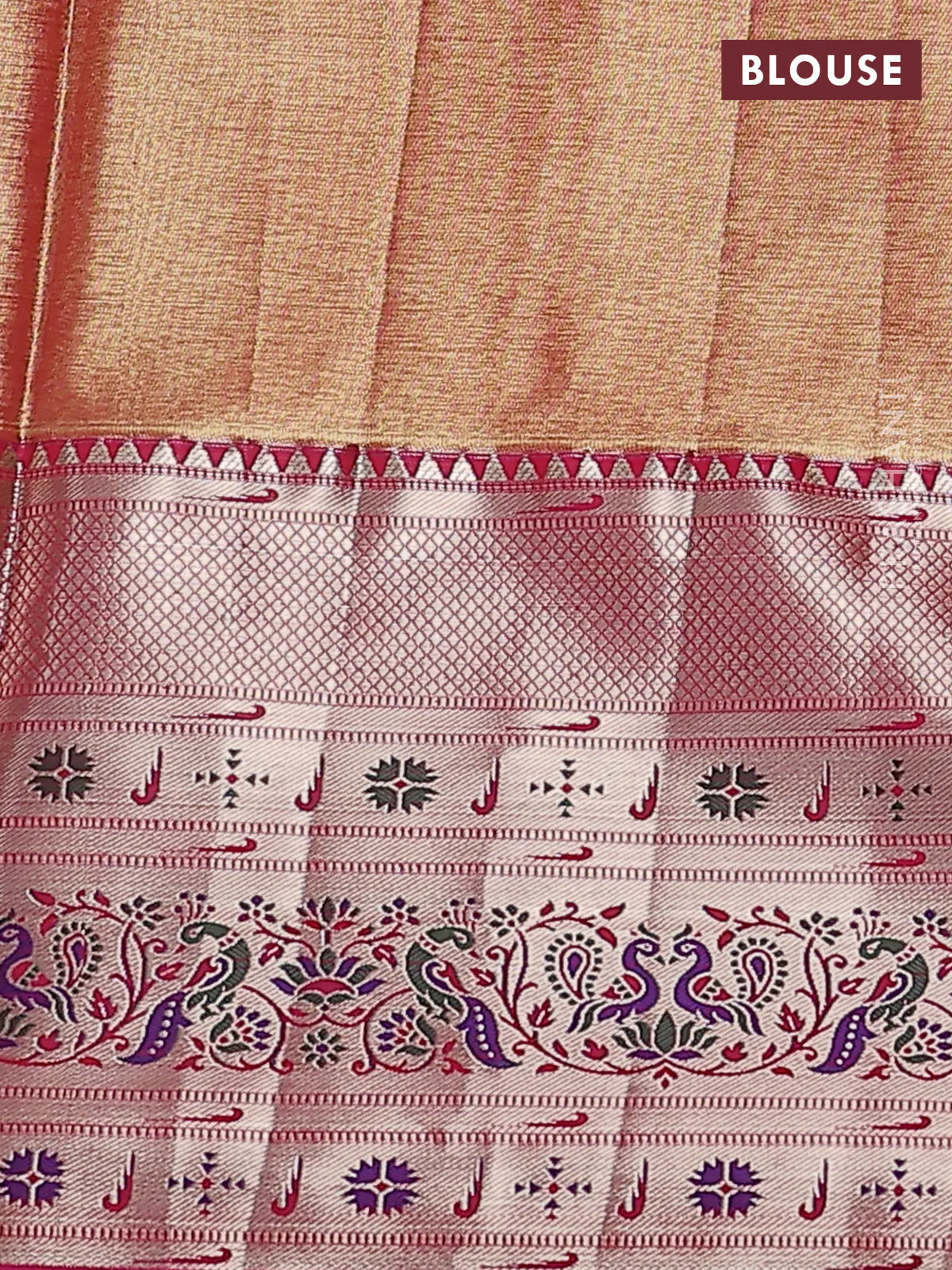 Tissue paithani silk saree teal shade and pink with allover zari woven brocade weaves and long zari woven paithani style border - Image 3