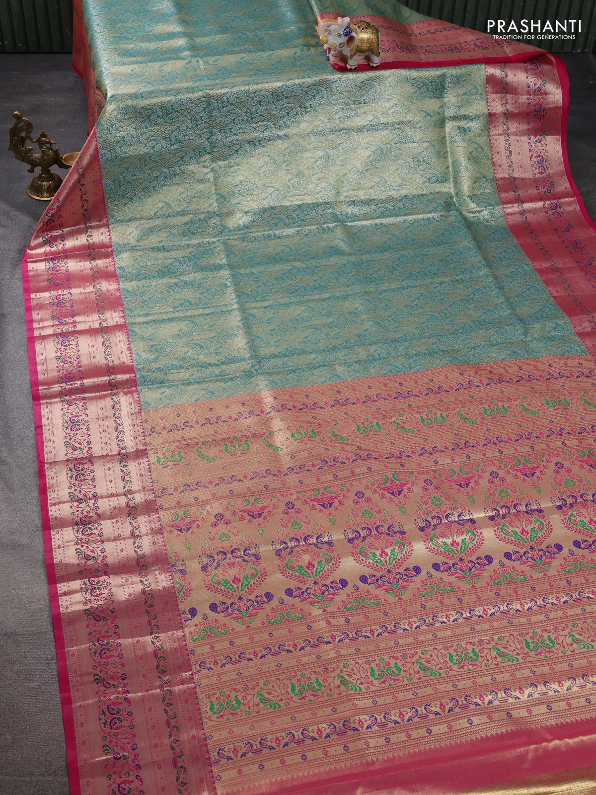 Tissue paithani silk saree teal shade and pink with allover zari woven brocade weaves and zari woven paithani style border - Image 2