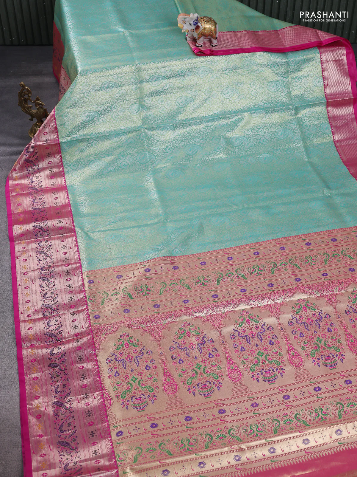 Tissue paithani silk saree teal shade and pink with allover zari woven brocade weaves and zari woven paithani style border - Image 2