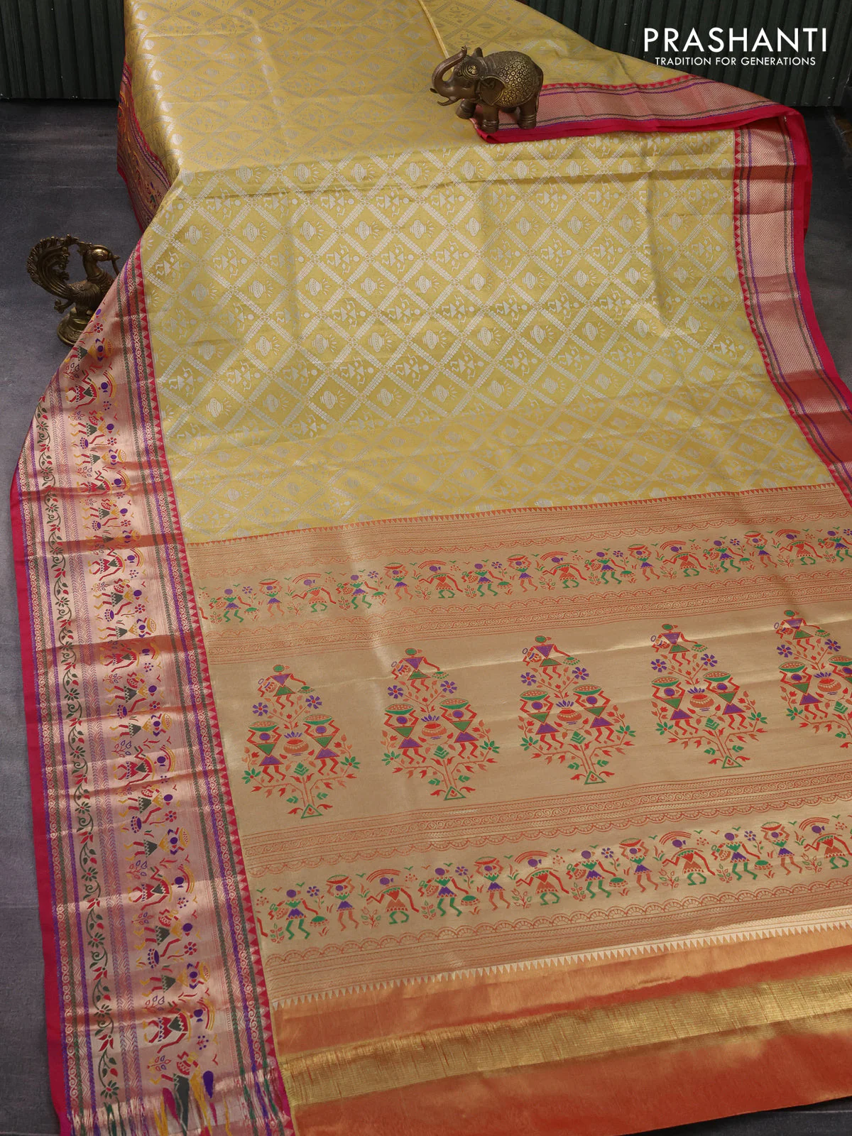 Tissue paithani silk saree yellow and pink with allover silver zari woven brocade weaves and long zari woven paithani style border - Image 2