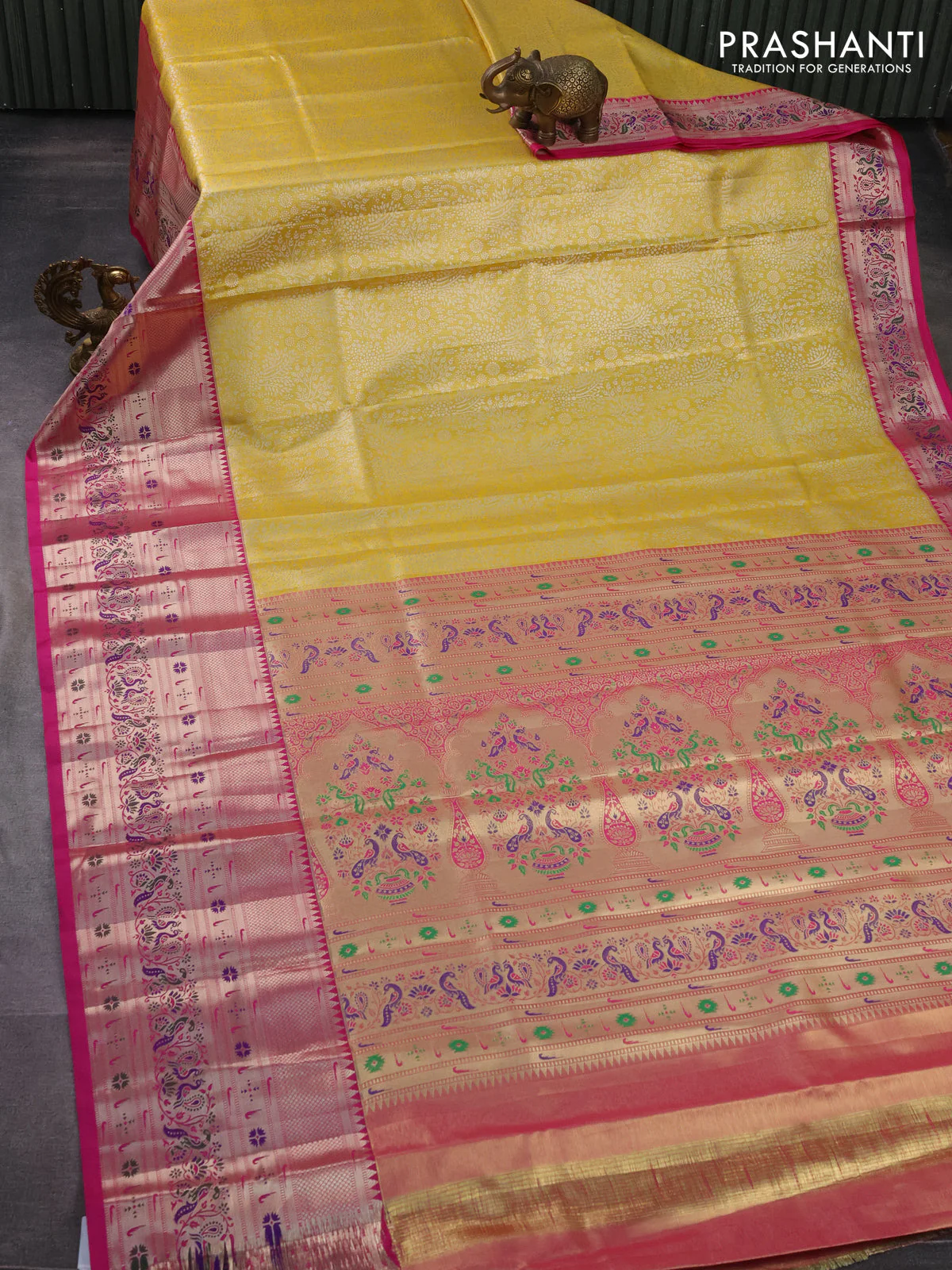 Tissue paithani silk saree yellow and pink with allover silver zari woven brocade weaves and long zari woven paithani style border - Image 2