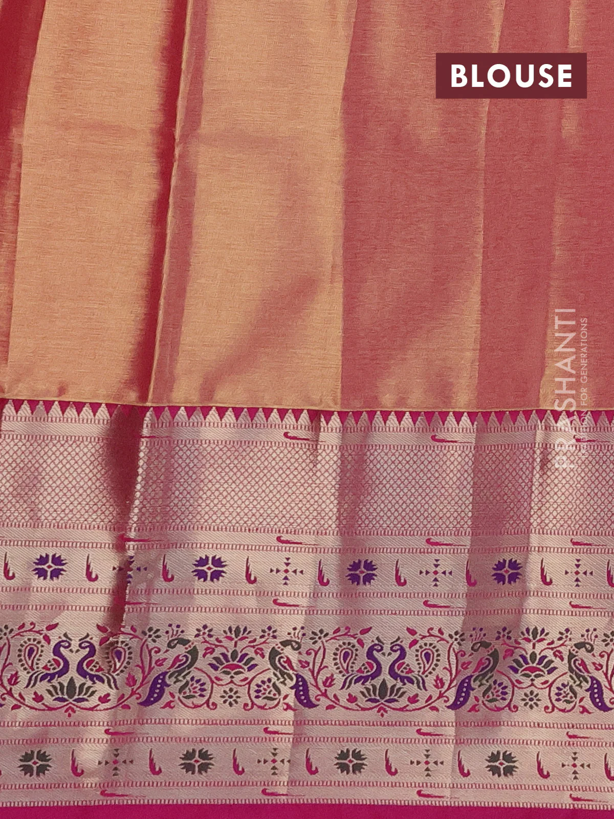 Tissue paithani silk saree yellow and pink with allover silver zari woven brocade weaves and long zari woven paithani style border - Image 3