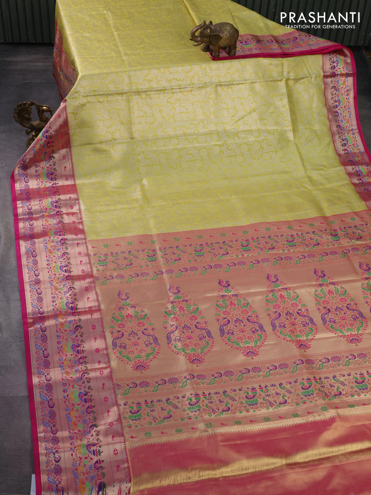 Tissue paithani silk saree yellow and pink with allover silver zari woven brocade weaves and zari woven paithani style border - Image 2