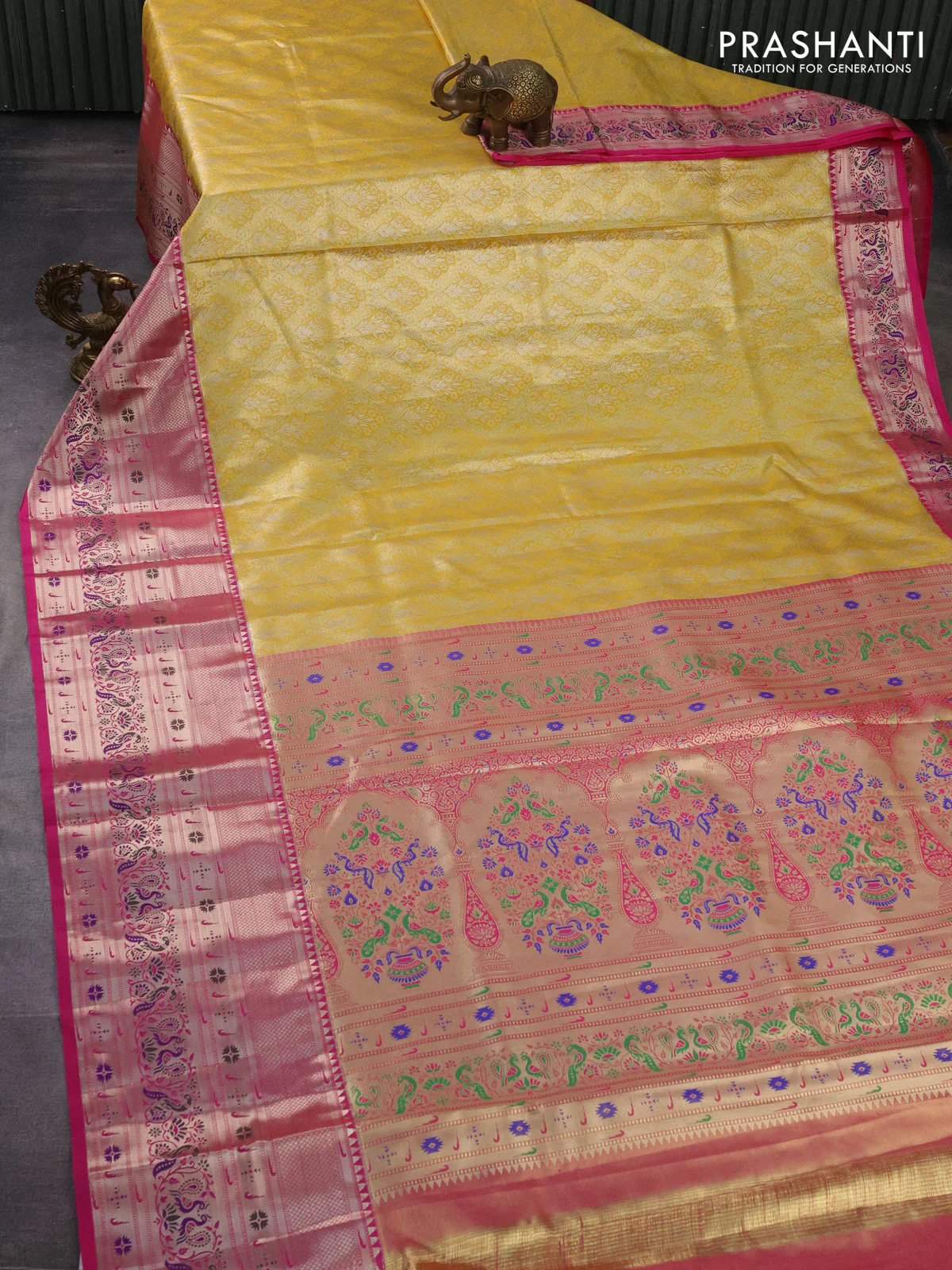 Tissue paithani silk saree yellow and pink with allover zari woven brocade weaves and long zari woven paithani style border - Image 2