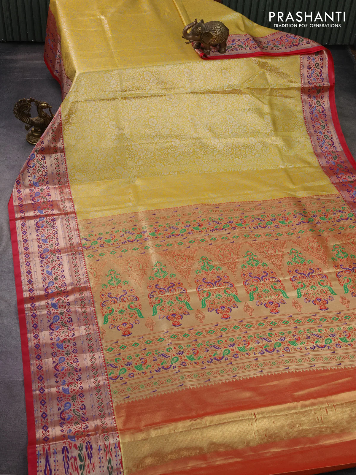 Tissue paithani silk saree yellow and red with allover silver zari woven brocade weaves and zari woven paithani style border - Image 2