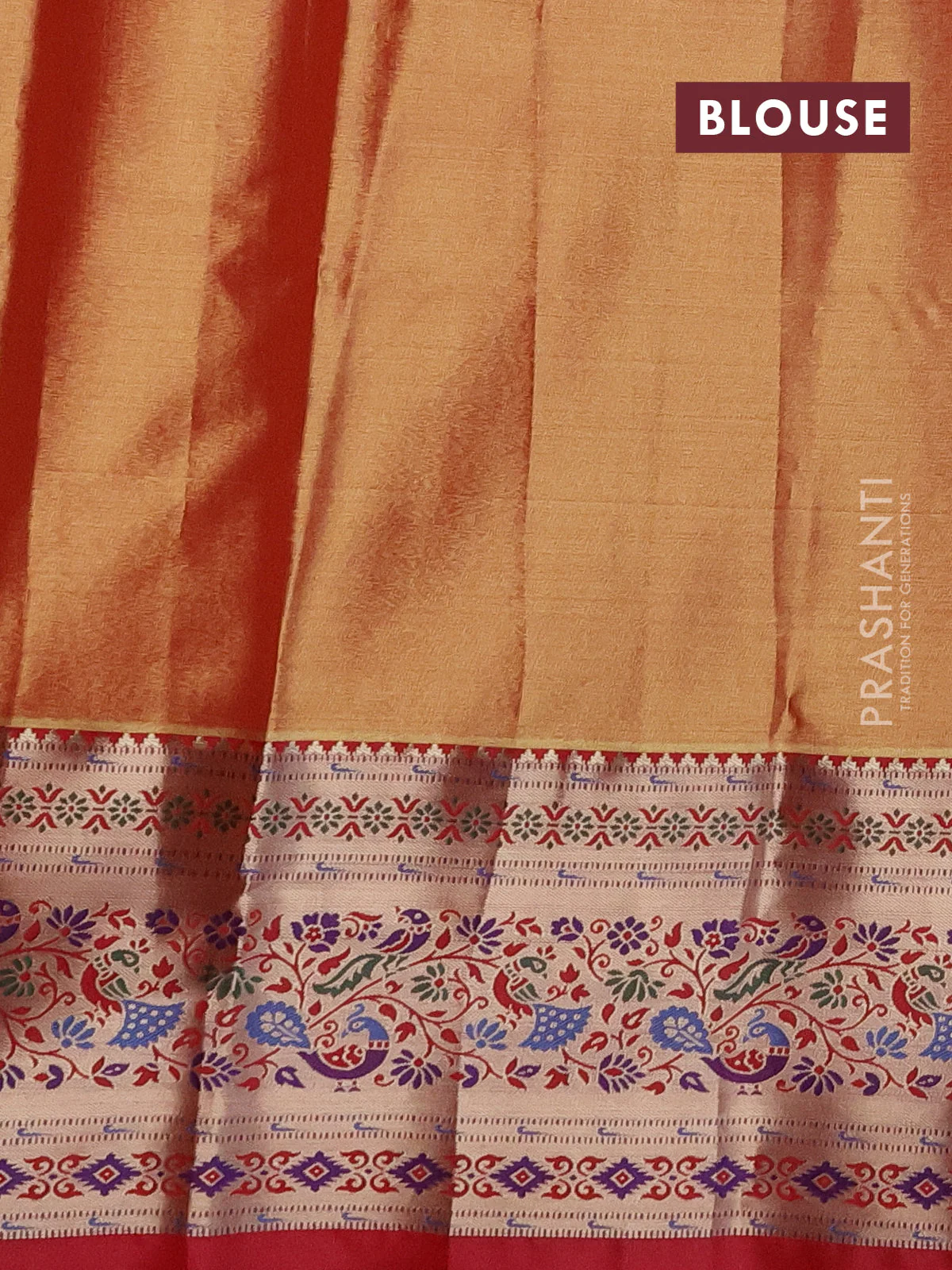 Tissue paithani silk saree yellow and red with allover silver zari woven brocade weaves and zari woven paithani style border - Image 3