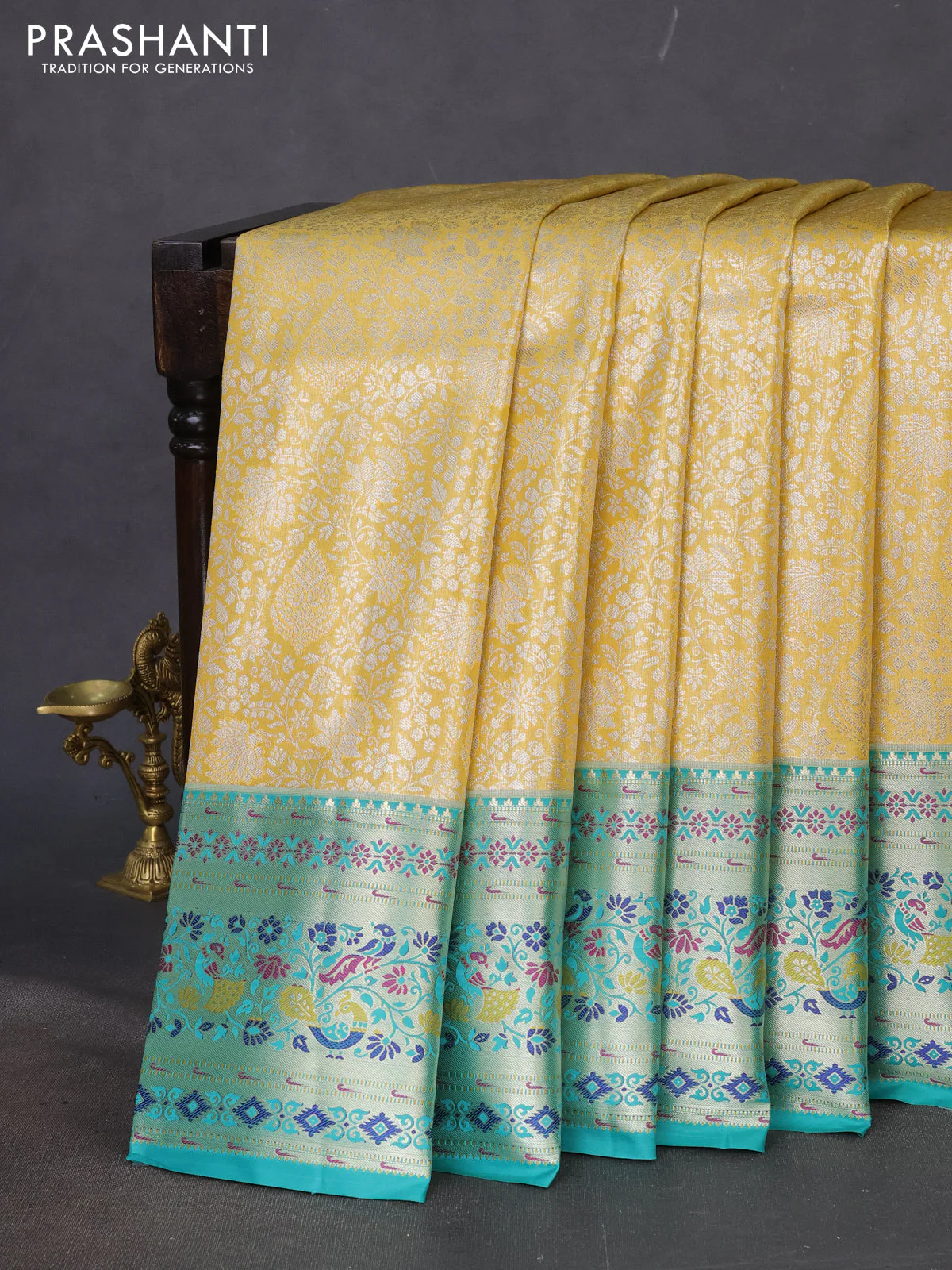 Tissue paithani silk saree yellow and teal green with allover zari woven brocade weaves and zari woven paithani style border