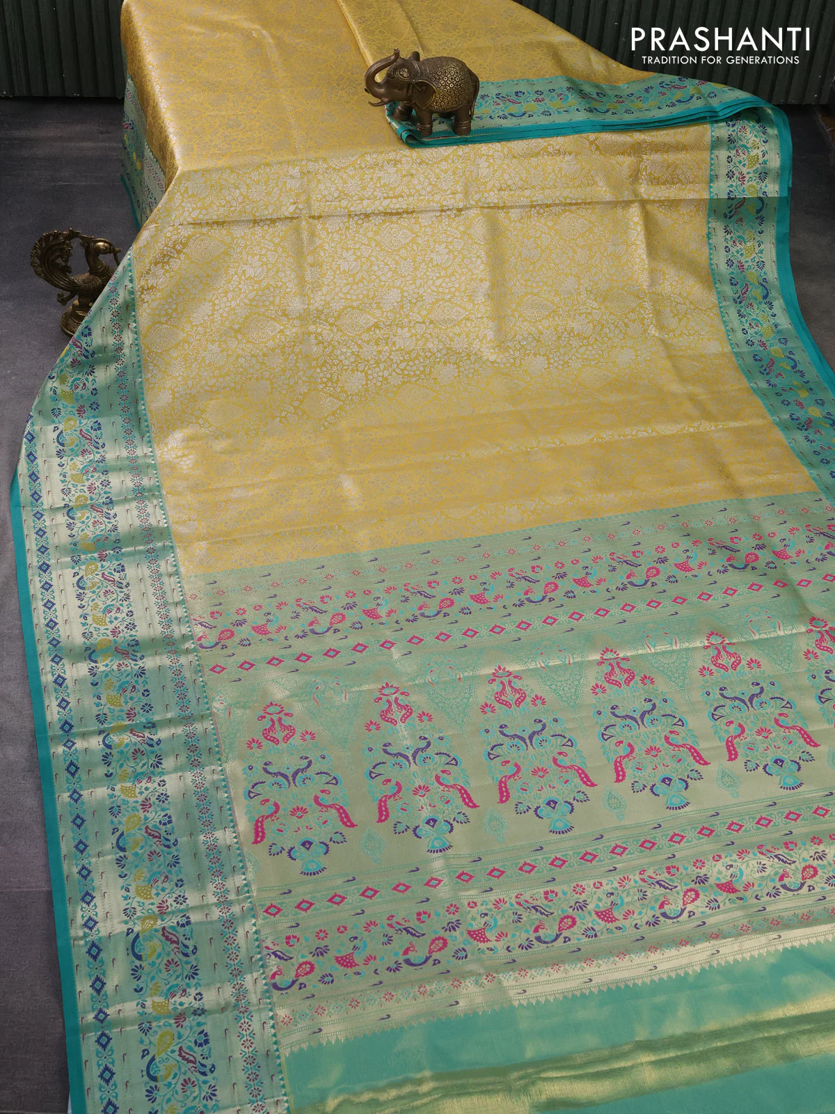 Tissue paithani silk saree yellow and teal green with allover zari woven brocade weaves and zari woven paithani style border - Image 2