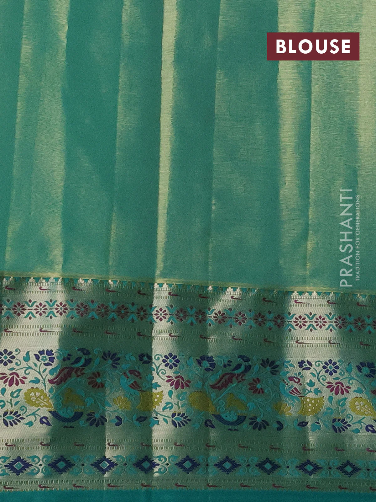 Tissue paithani silk saree yellow and teal green with allover zari woven brocade weaves and zari woven paithani style border - Image 3