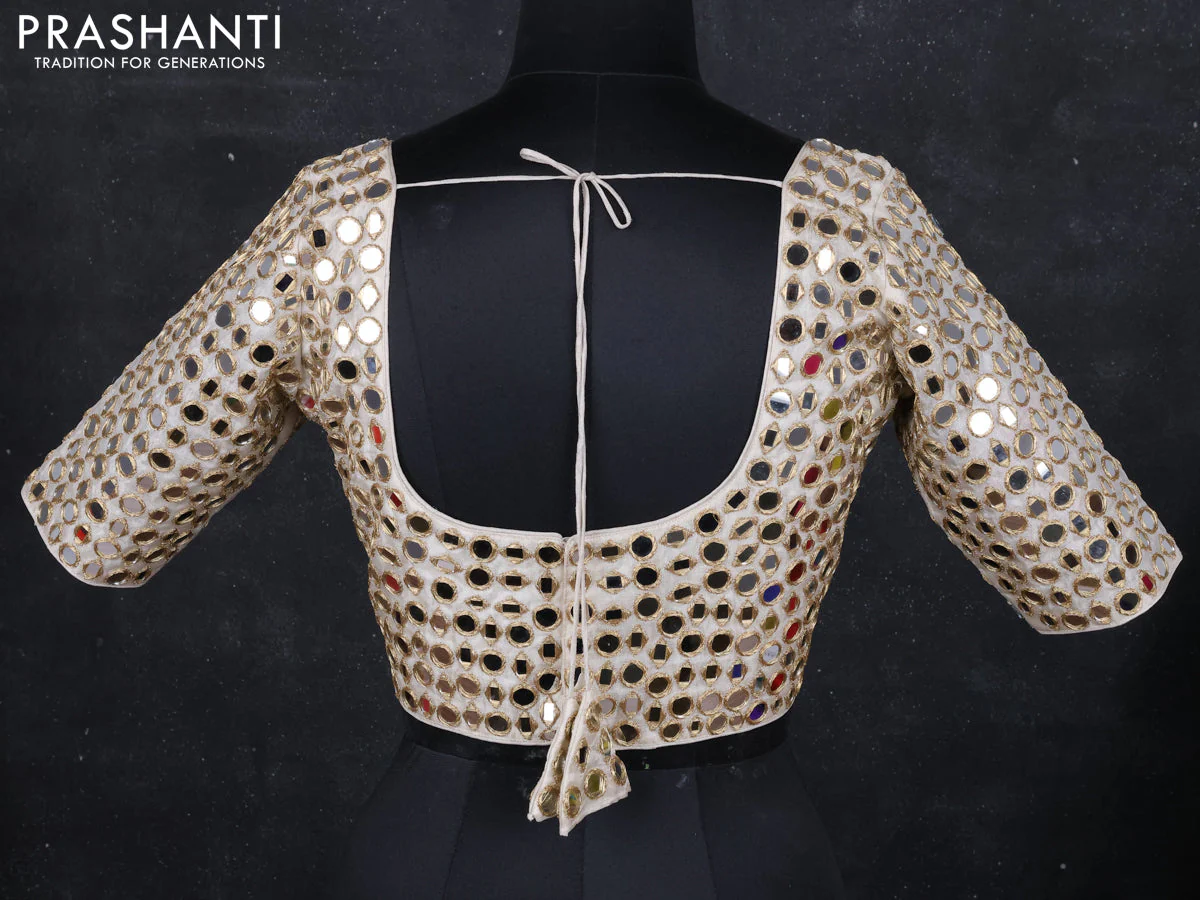 Tissue readymade blouse beige with mirror work and back knot - Image 2