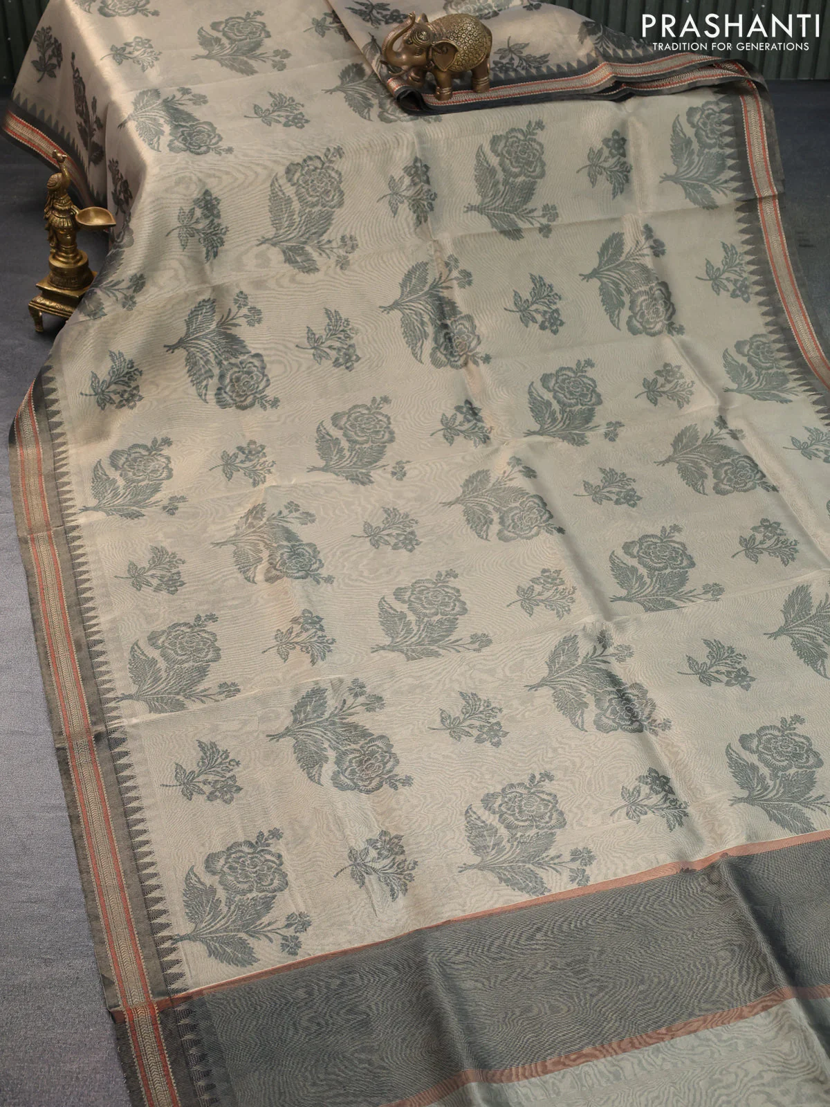 Tissue saree beige and black with allover floral digital prints and temple design zari woven border - Image 2