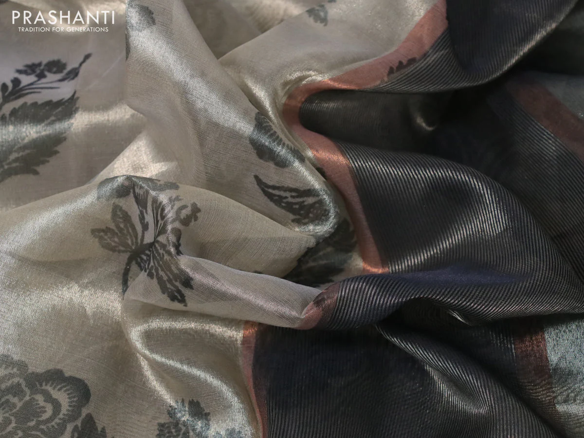 Tissue saree beige and black with allover floral digital prints and temple design zari woven border - Image 3