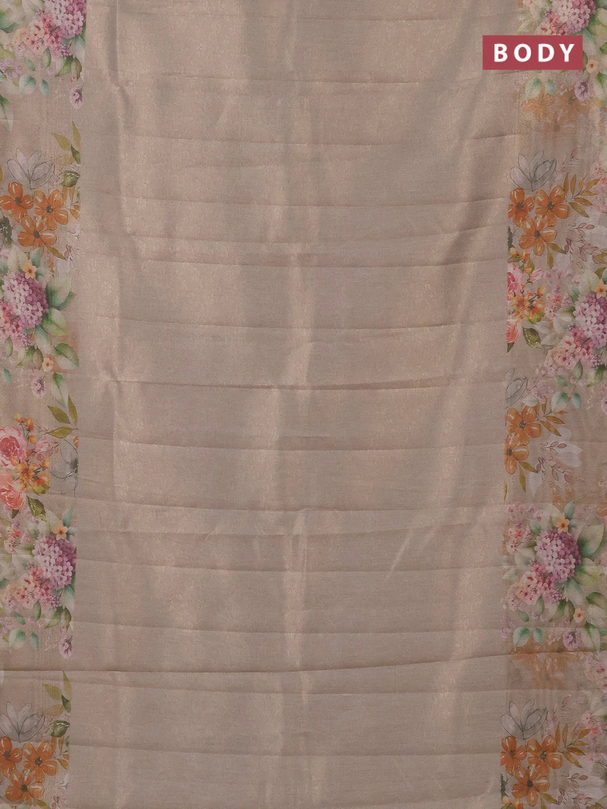 Tissue saree beige and green shade with allover zari weaves and floral digital printed border - Image 2