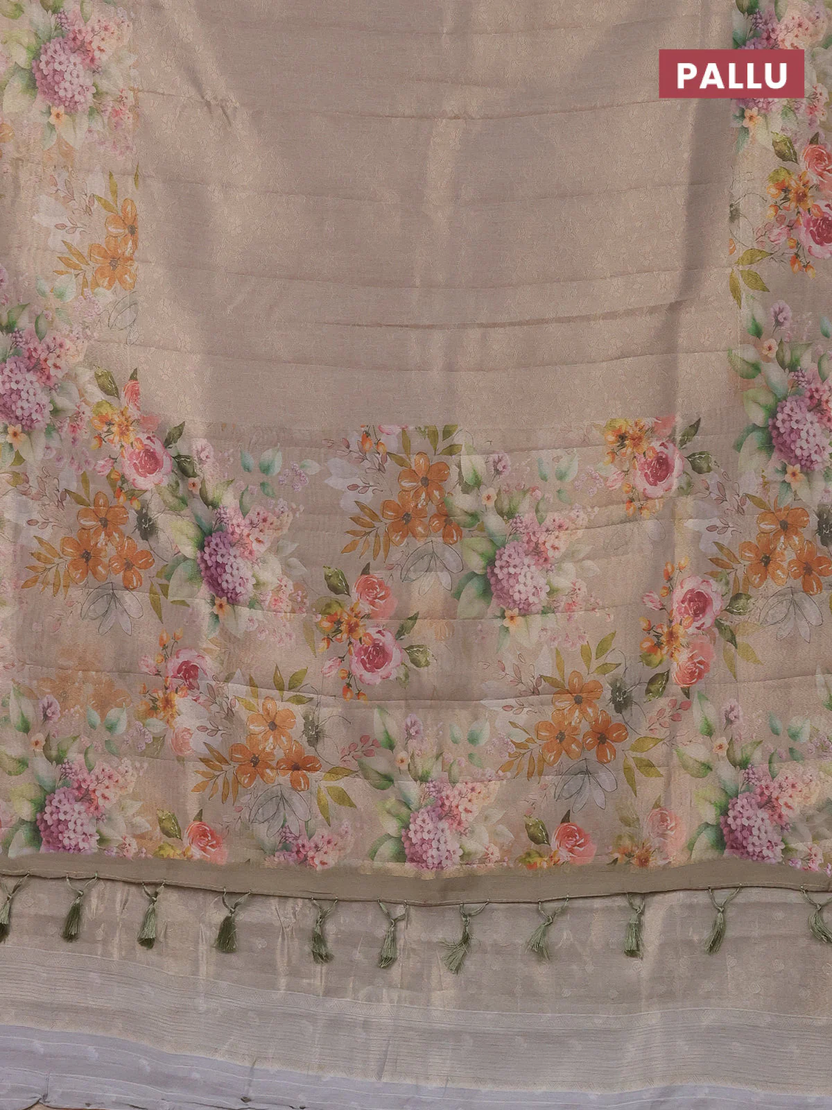 Tissue saree beige and green shade with allover zari weaves and floral digital printed border - Image 3