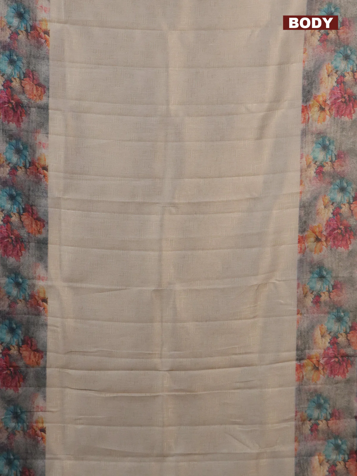 Tissue saree beige and grey shade with allover zari weaves and floral digital printed border - Image 2