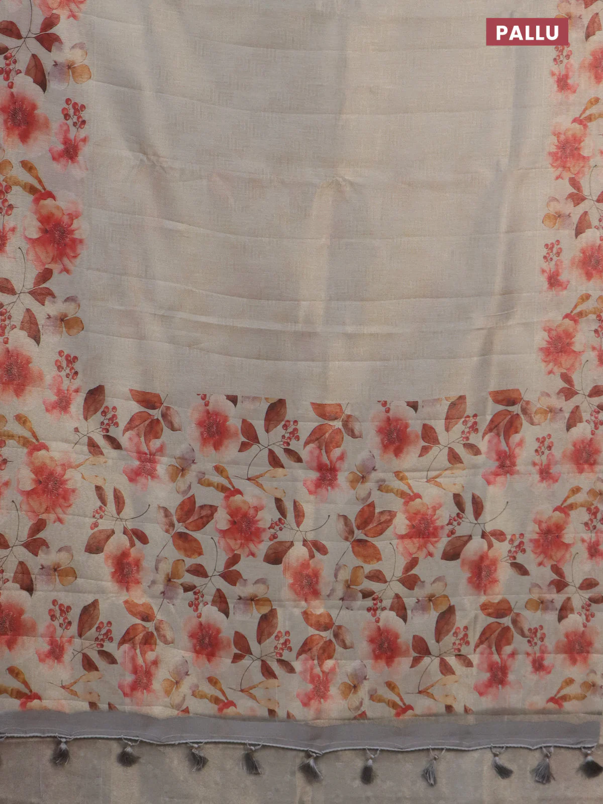 Tissue saree beige and pastel grey with allover zari weaves and floral digital printed border - Image 3
