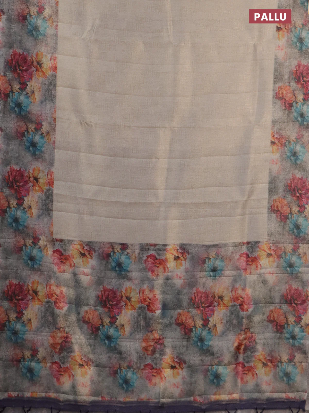 Tissue saree beige and violet with allover zari weaves and floral digital printed border - Image 3