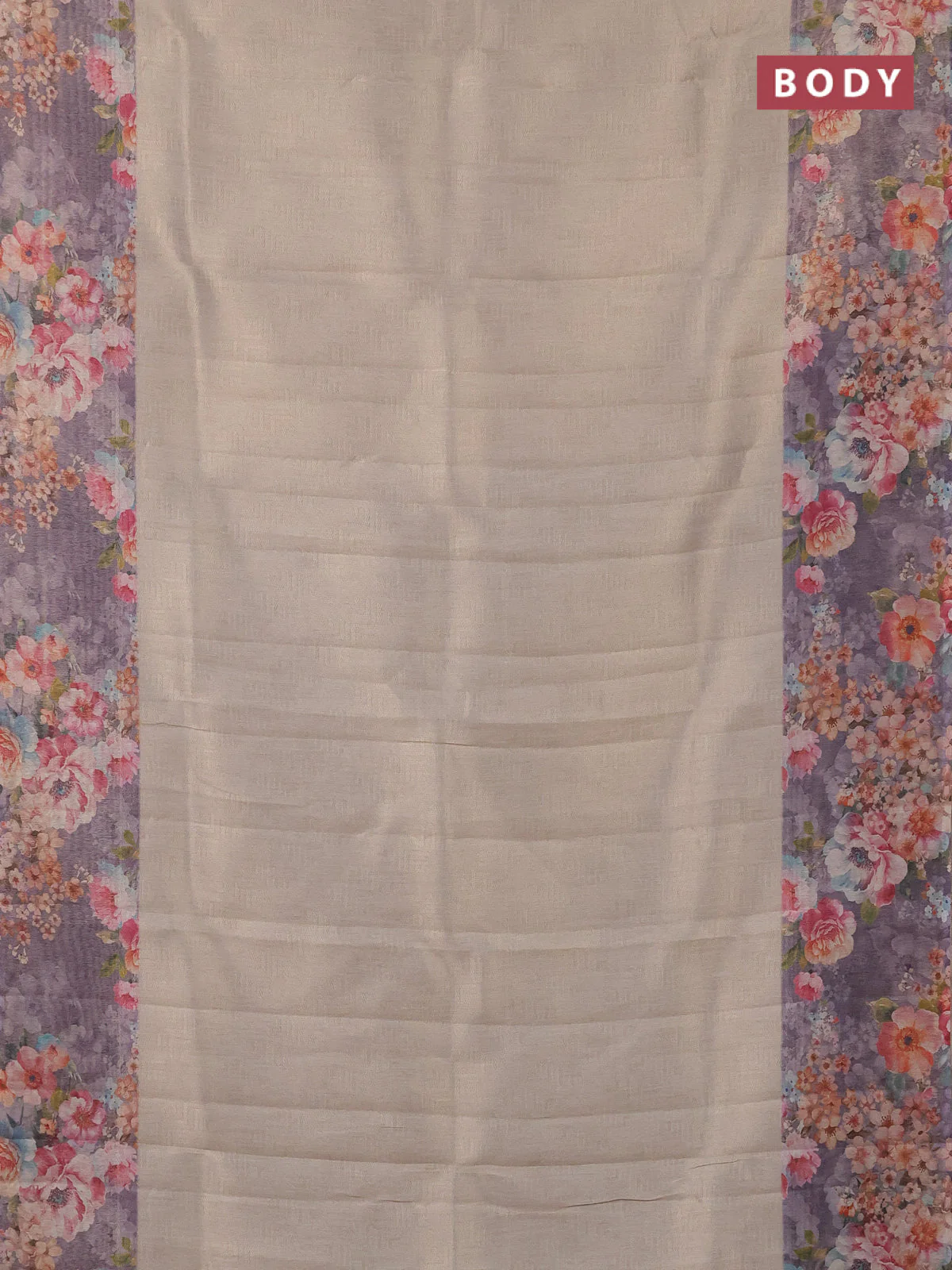 Tissue saree beige and violet with allover zari weaves and floral digital printed border - Image 2