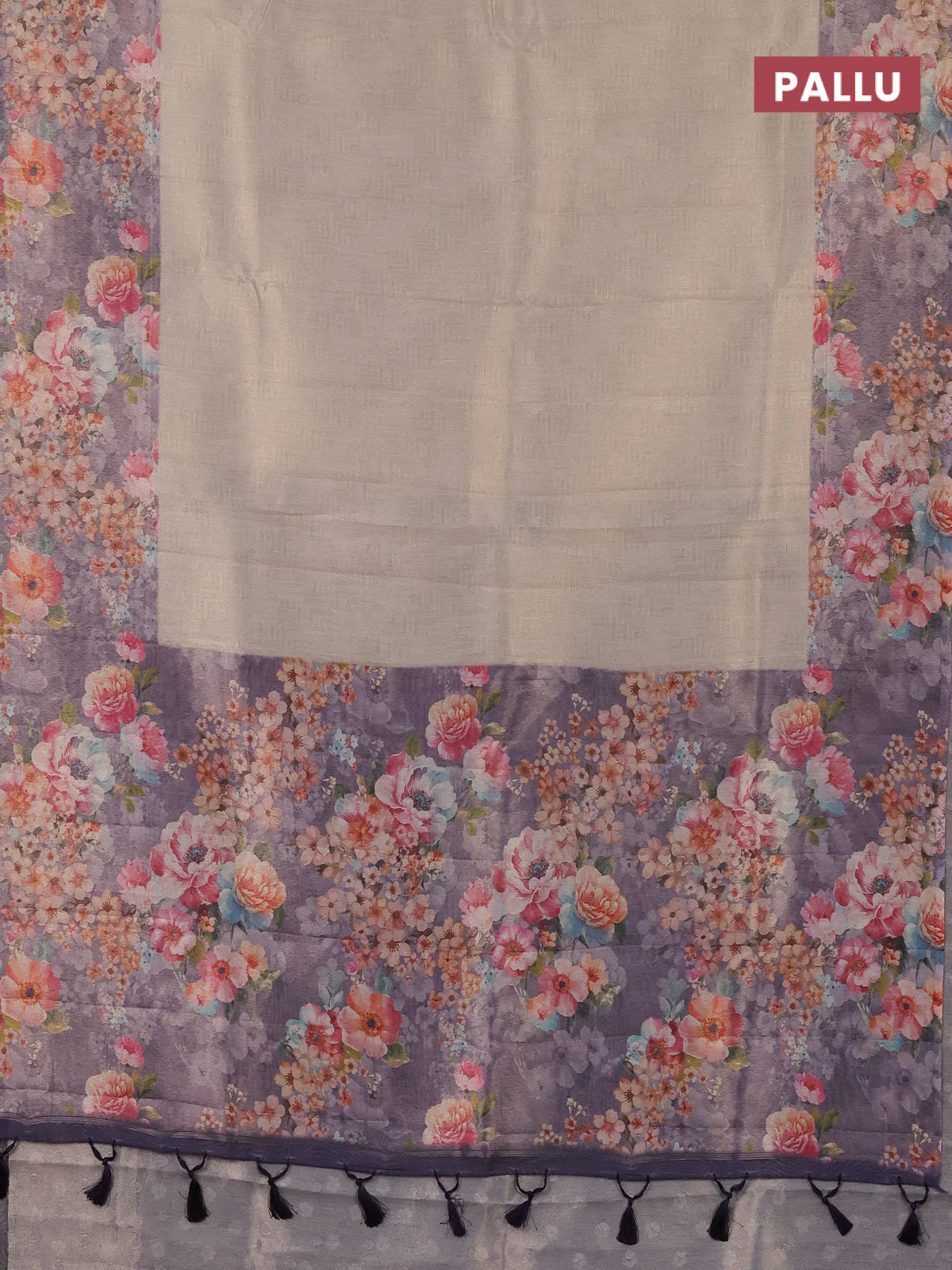 Tissue saree beige and violet with allover zari weaves and floral digital printed border - Image 3