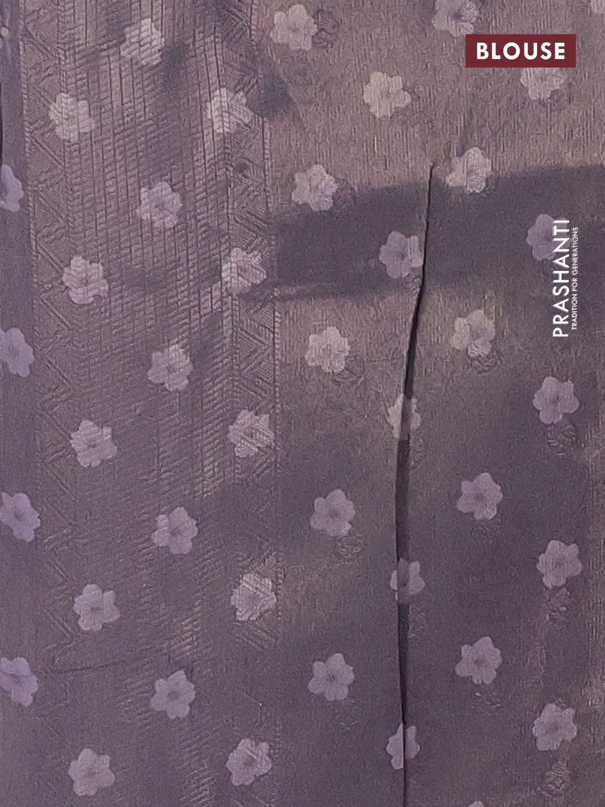 Tissue saree beige and violet with allover zari weaves and floral digital printed border - Image 4