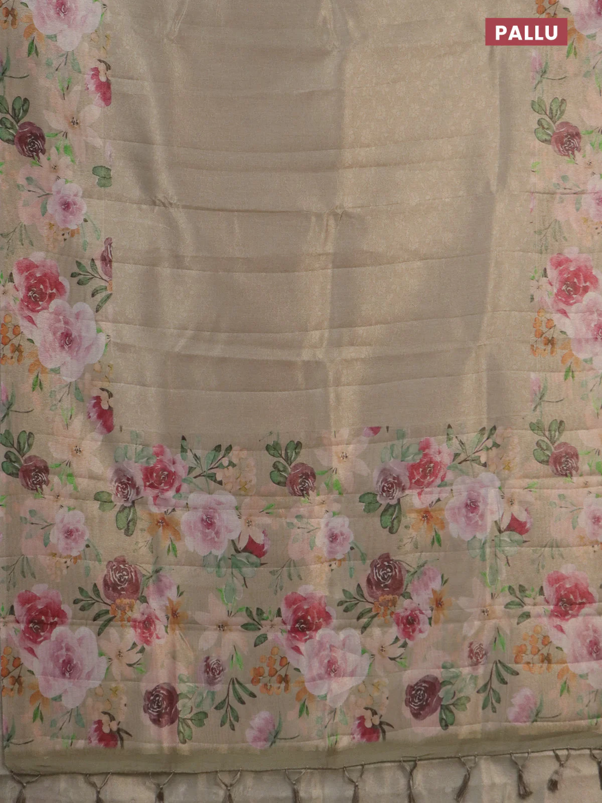 Tissue saree beige with allover zari weaves and floral digital printed border - Image 3