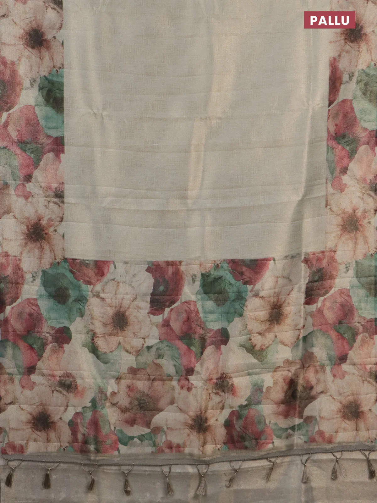 Tissue saree beige with allover zari weaves and floral digital printed border - Image 3
