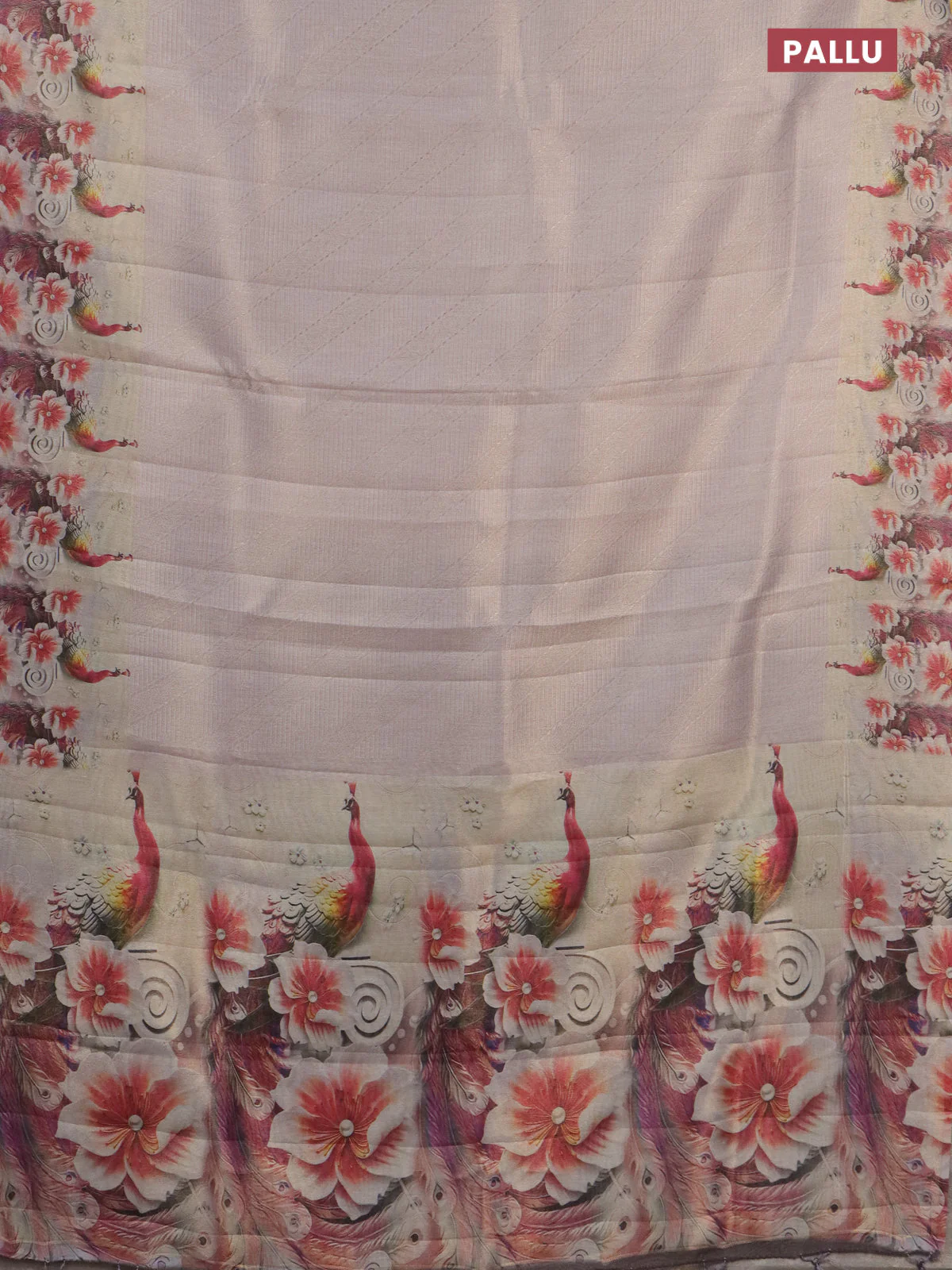 Tissue saree beige with allover zari weaves and floral digital printed border - Image 3