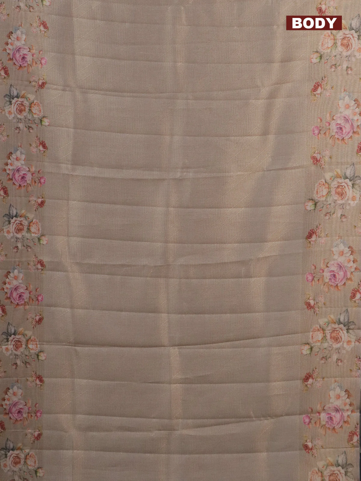 Tissue saree beige with allover zari weaves and floral digital printed border - Image 2
