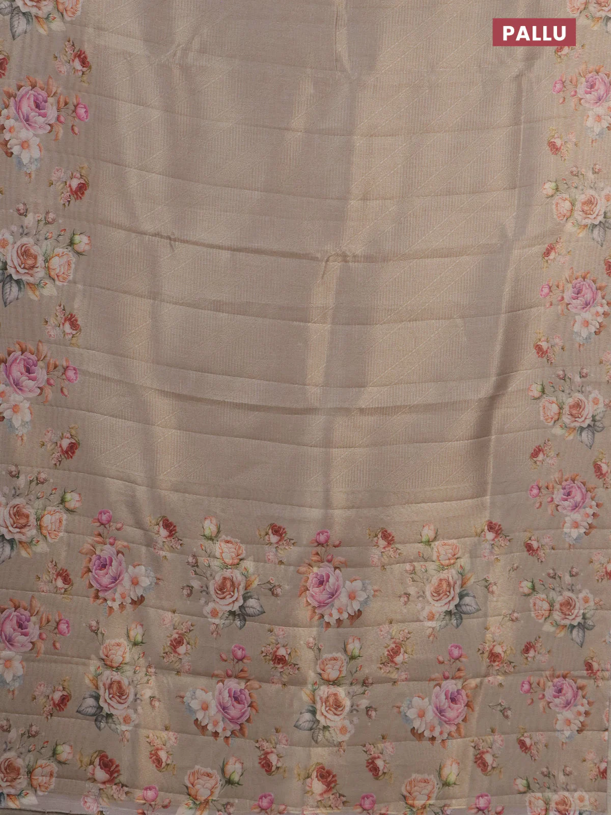 Tissue saree beige with allover zari weaves and floral digital printed border - Image 3