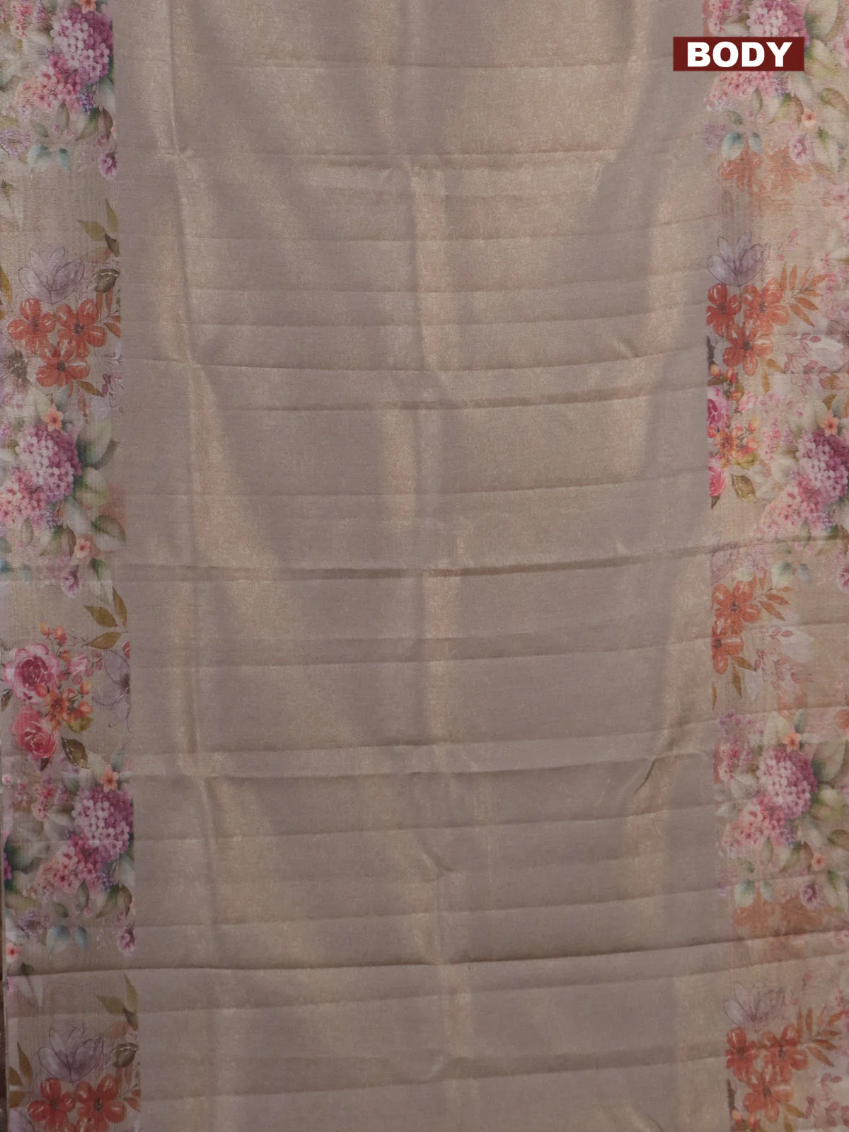 Tissue saree beige with allover zari weaves and floral digital printed border - Image 2