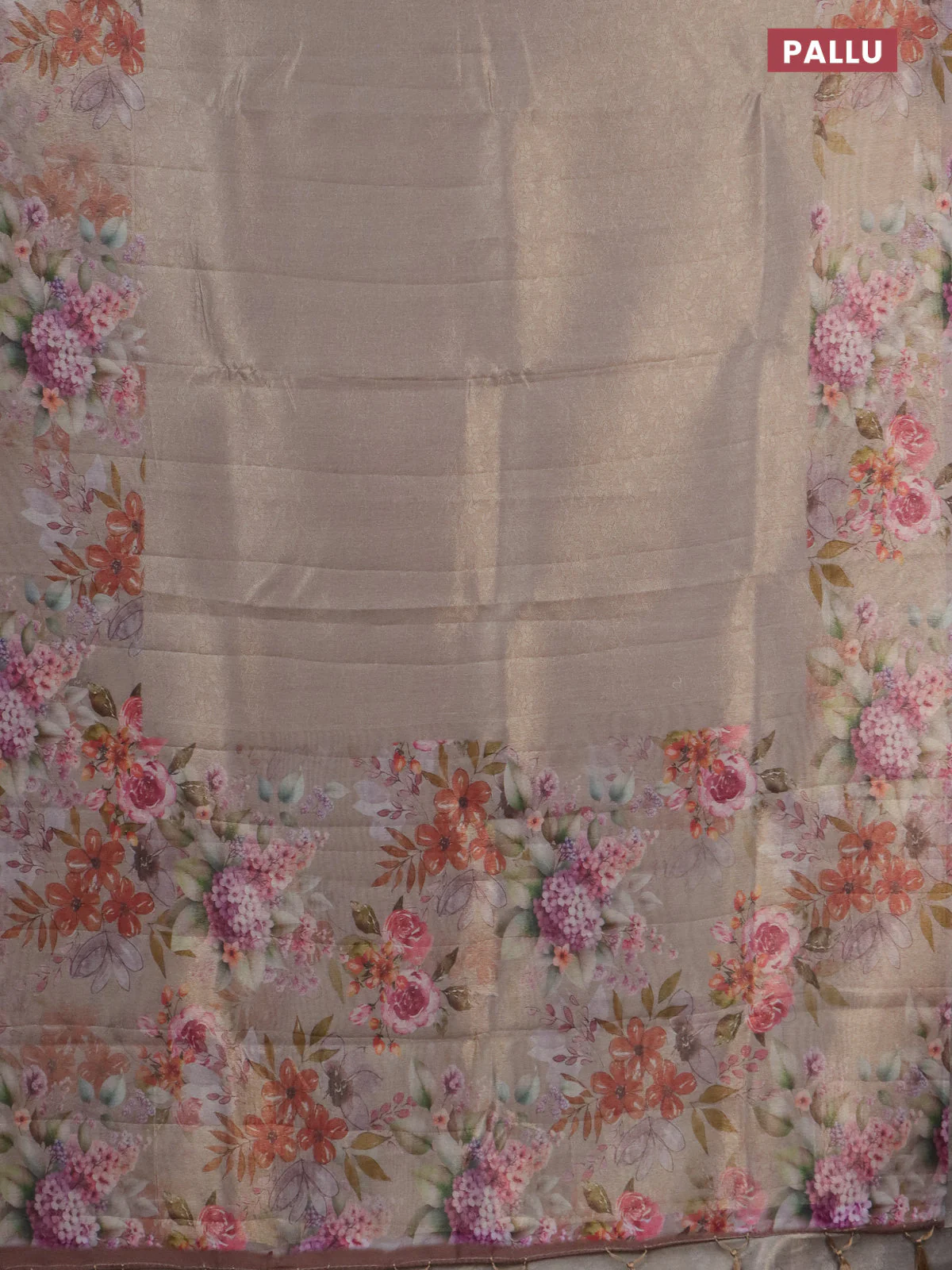Tissue saree beige with allover zari weaves and floral digital printed border - Image 3