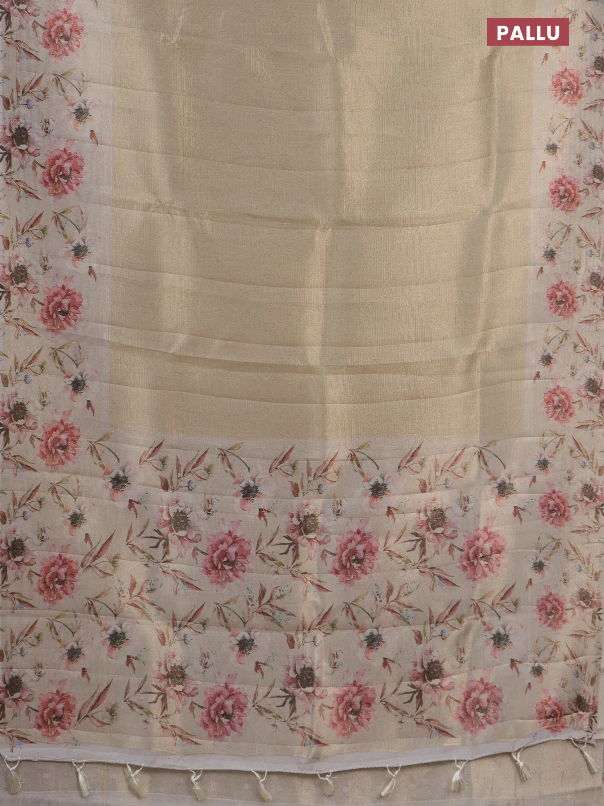 Tissue saree beige with allover zari weaves and floral digital printed border - Image 3