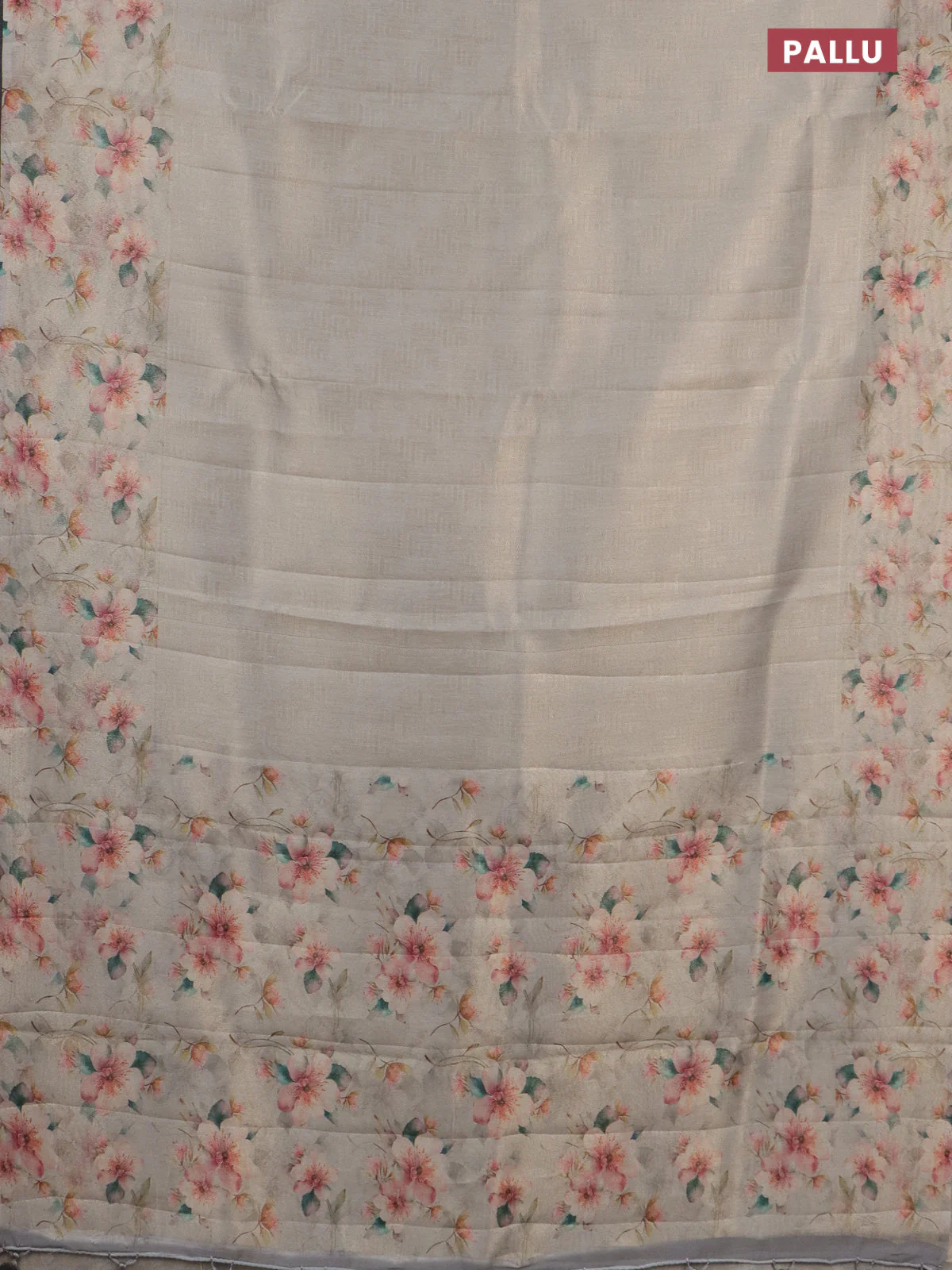 Tissue saree beige with allover zari weaves and floral digital printed border - Image 3