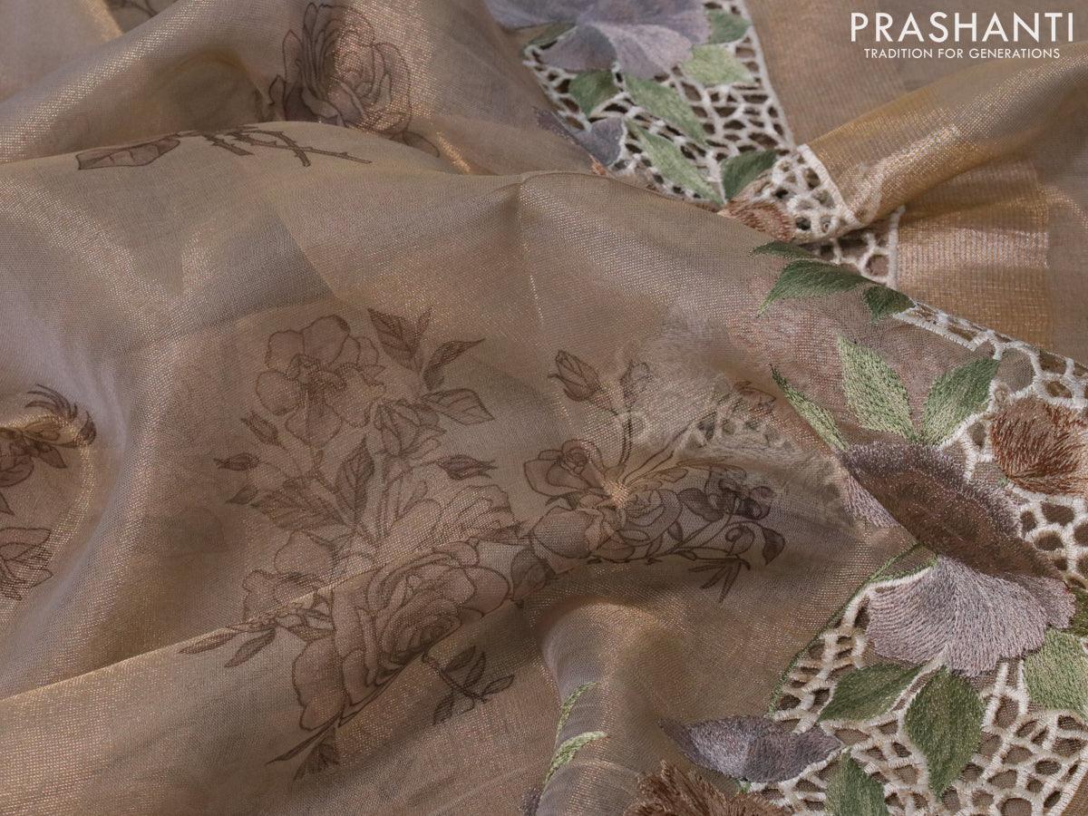 Tissue saree beige with floral digital prints and embroidery floral design cut work border - Image 3